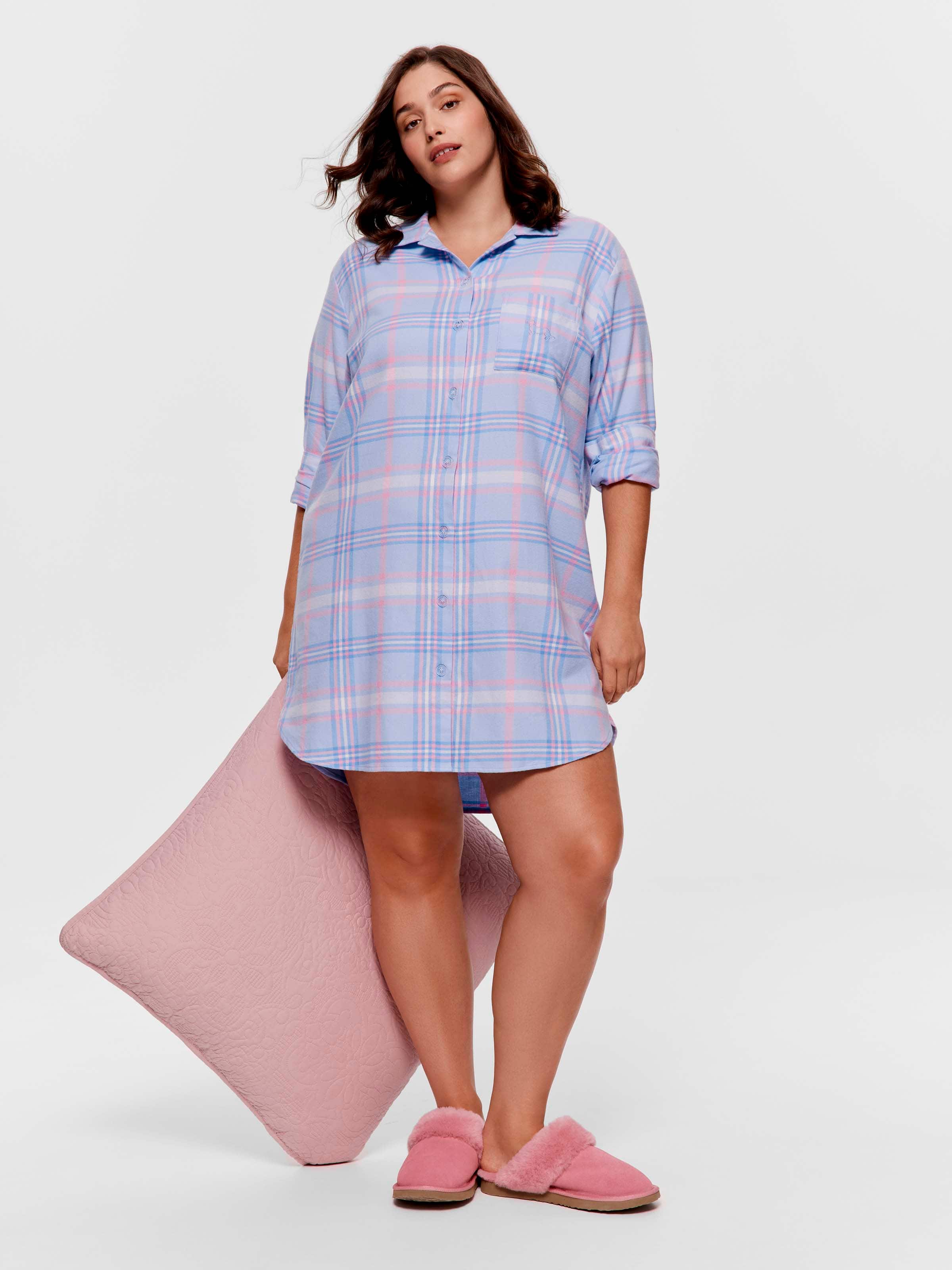 P.A. Plus Cornflower 100% Cotton Flannelette Long Sleeve Nightshirt