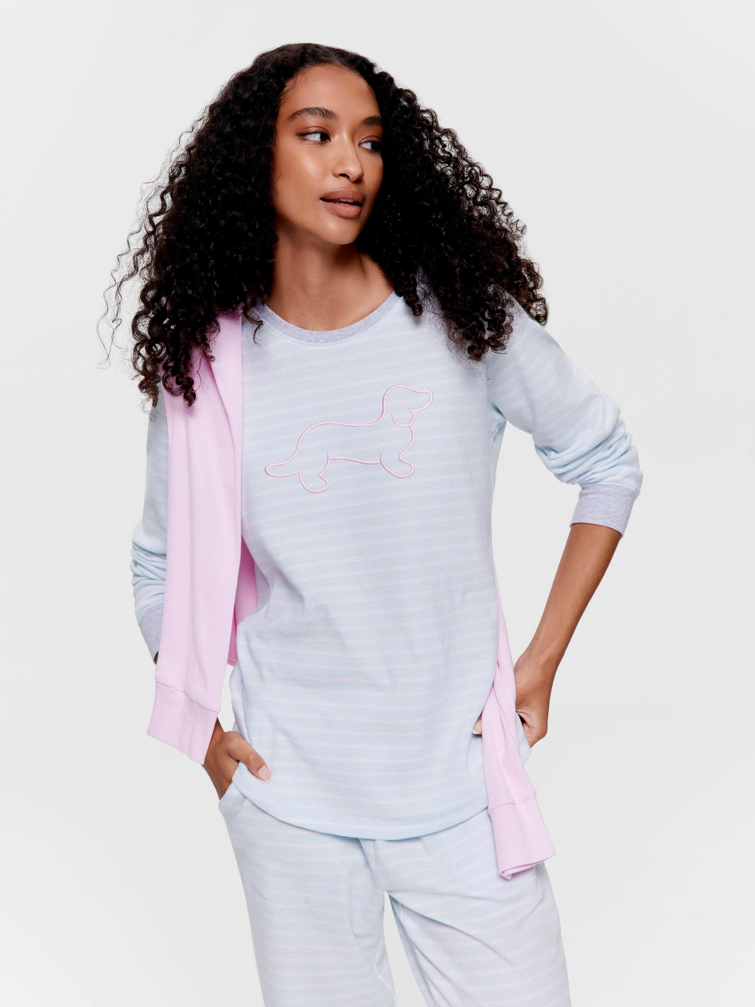 Blue Stripe Waffle Long Sleeve Top