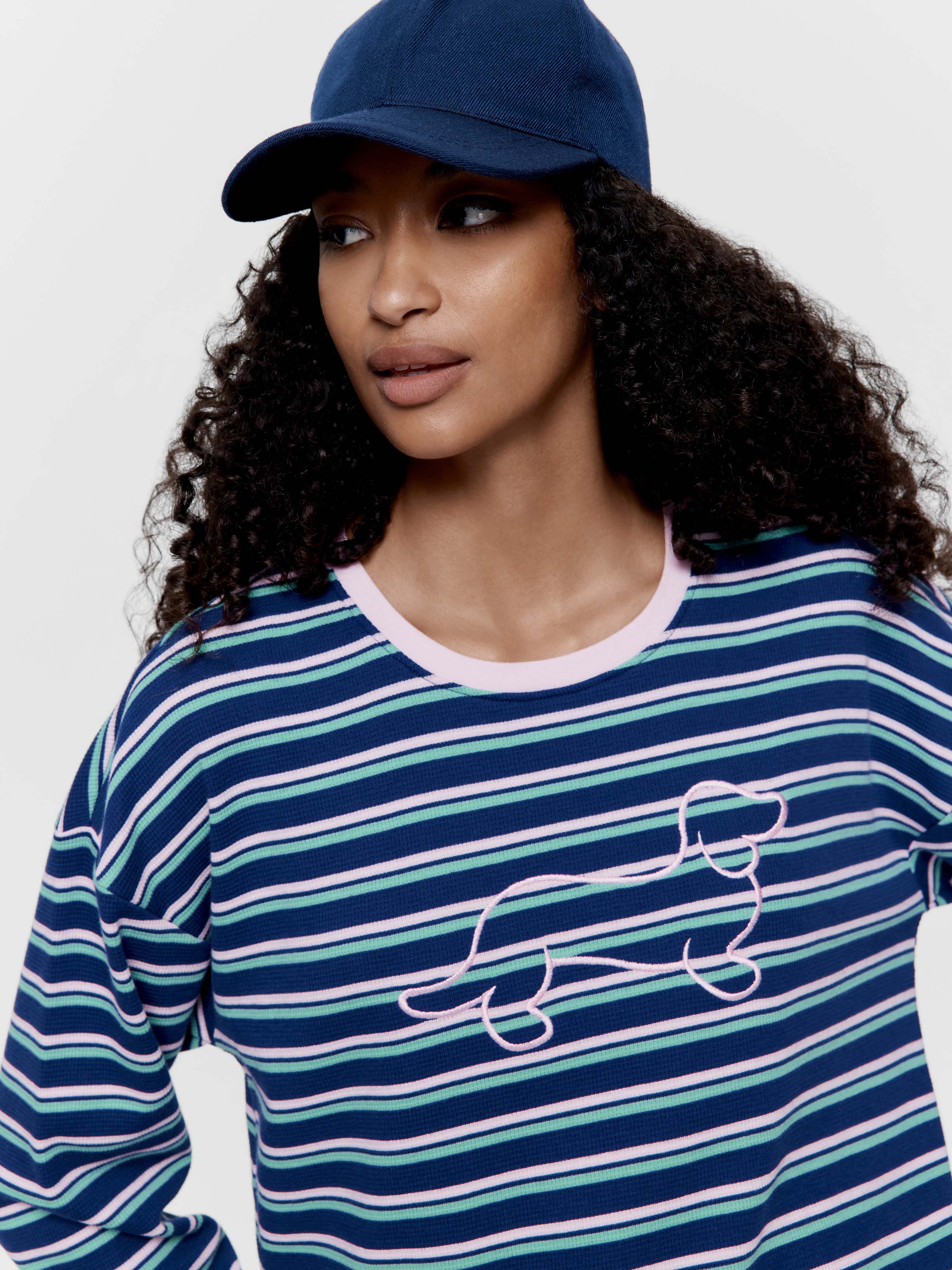 Navy Stripe Logo Waffle Long Sleeve Top