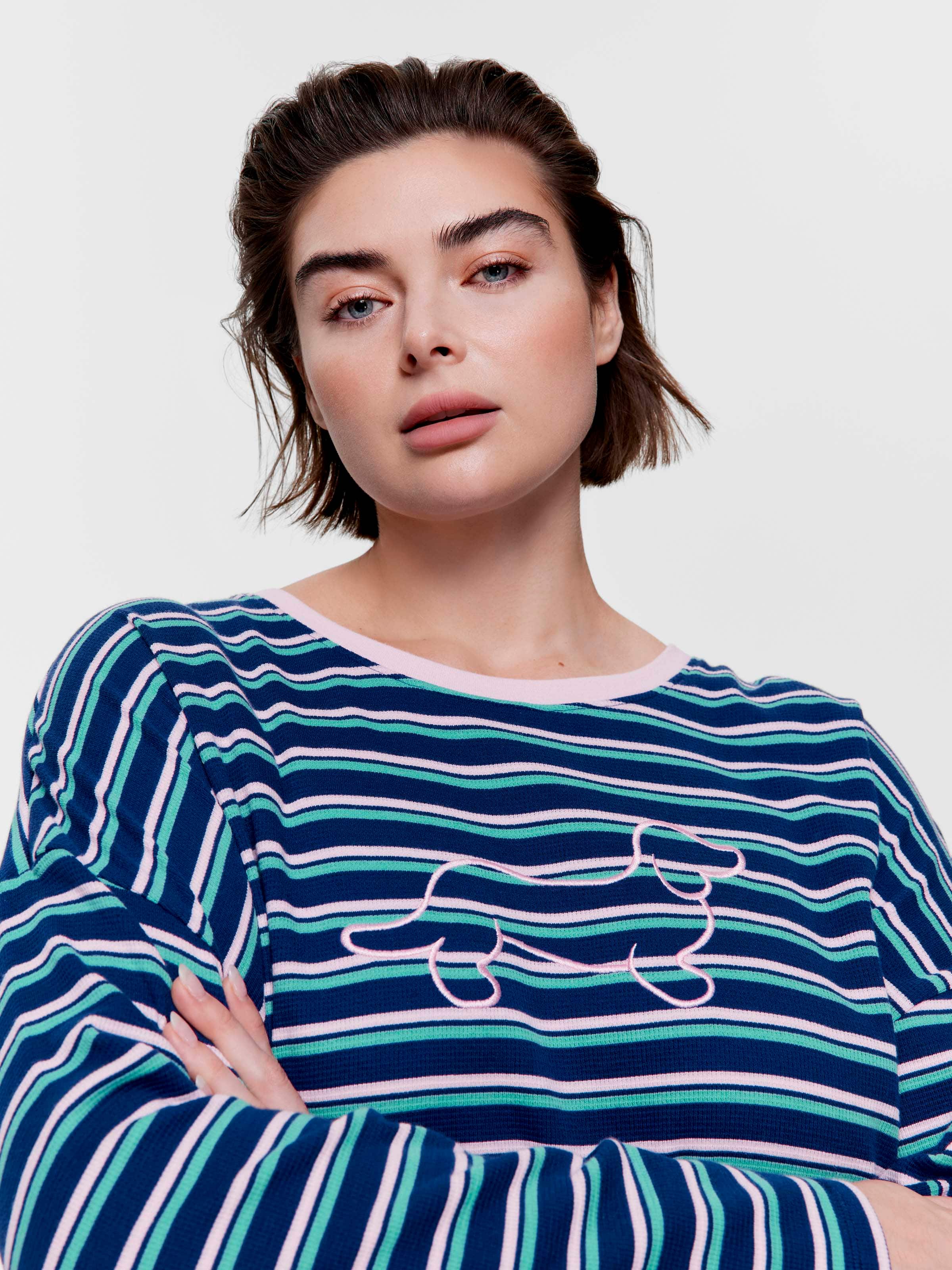 P.A. Plus Navy Stripe Logo Waffle Long Sleeve Top