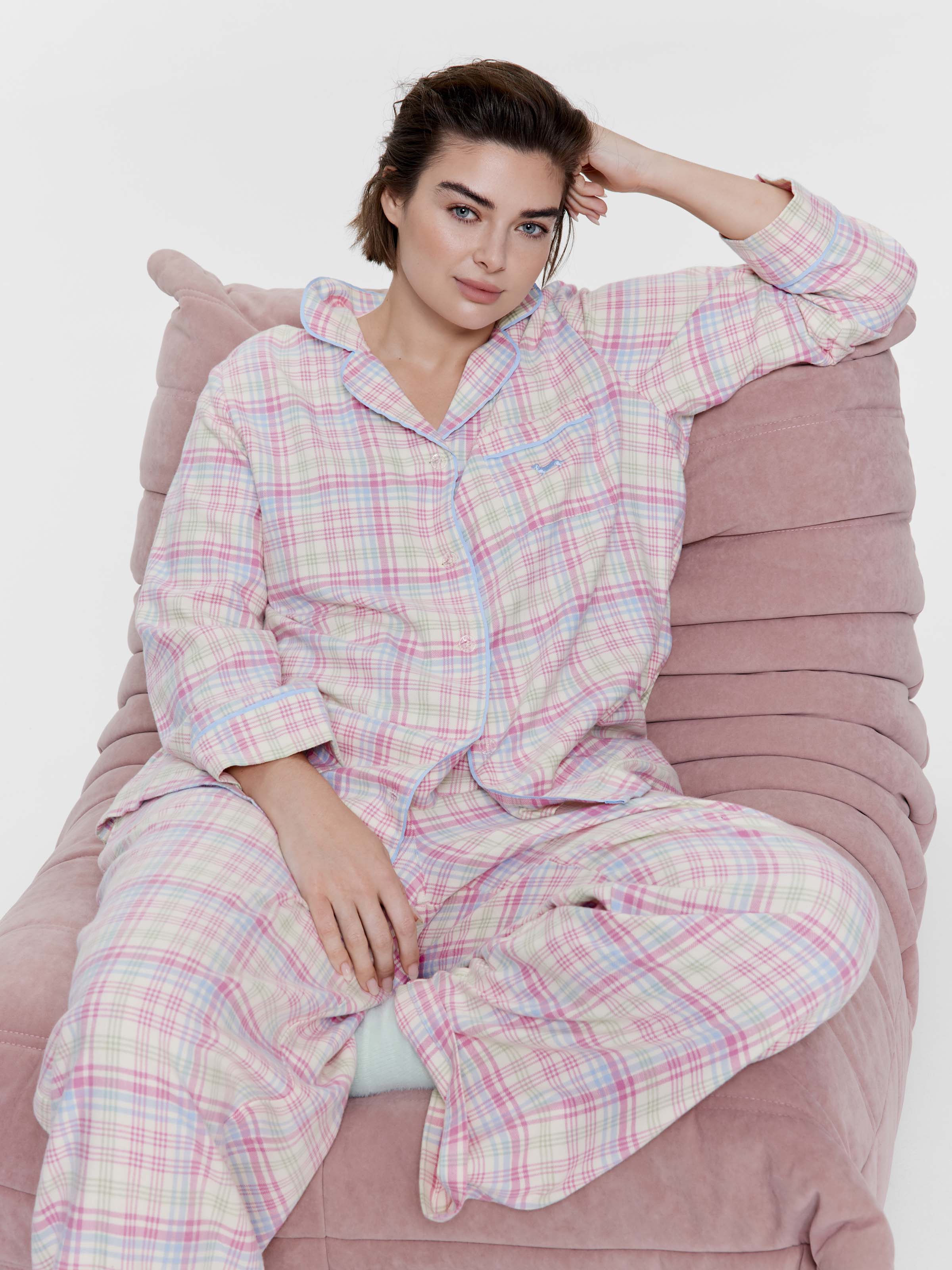 P.A. Plus Pastel Check 100% Cotton Flannelette Classic Pj Set