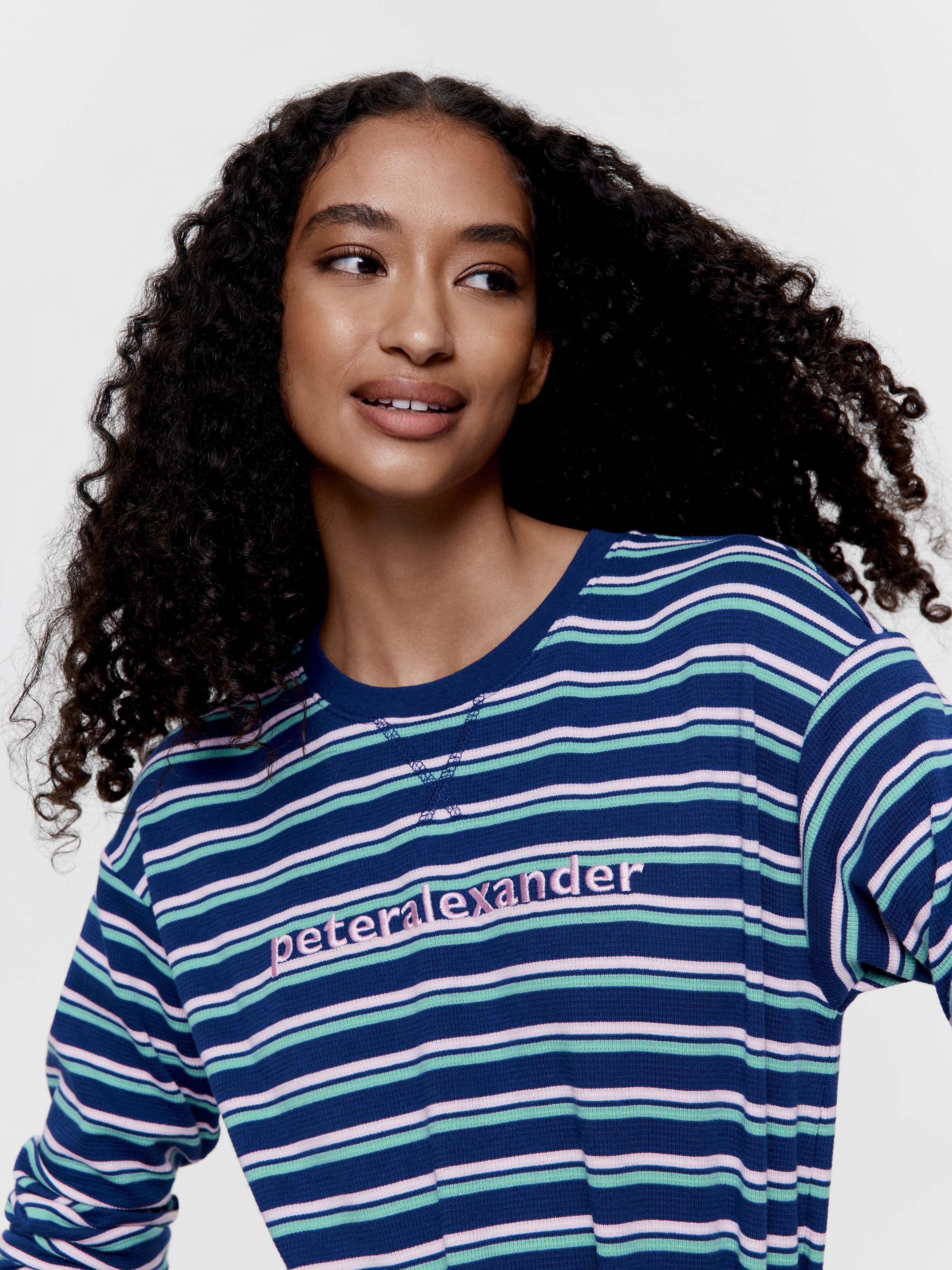 Navy Stripe Waffle Long Sleeve Nightie