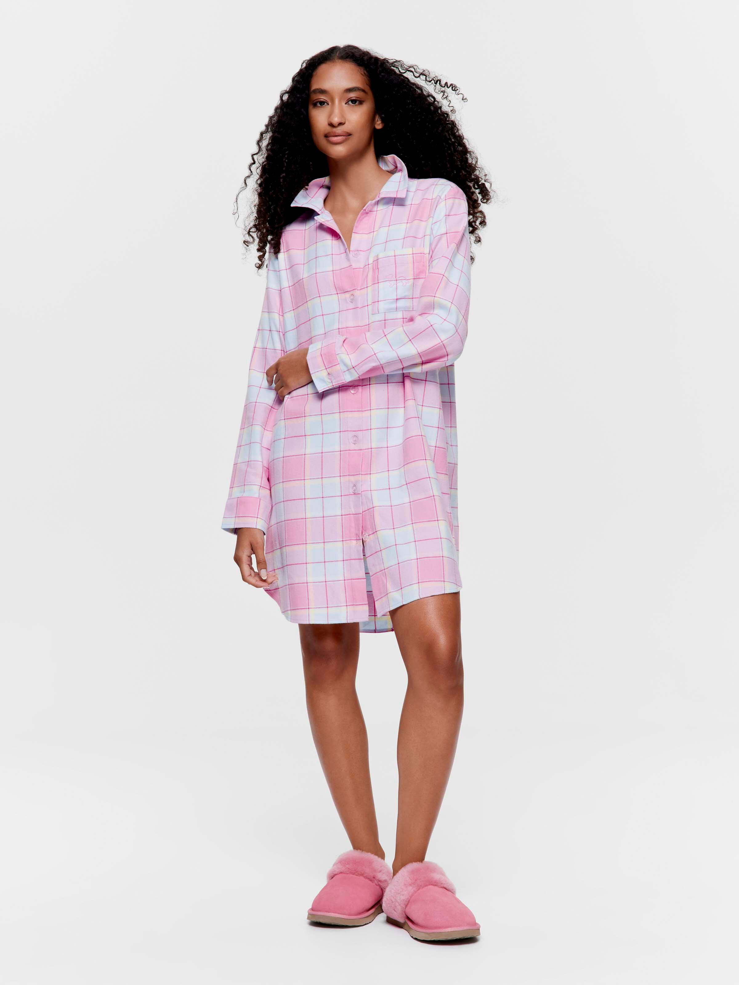 Pink Pastel Check 100% Cotton Flannelette Nightshirt