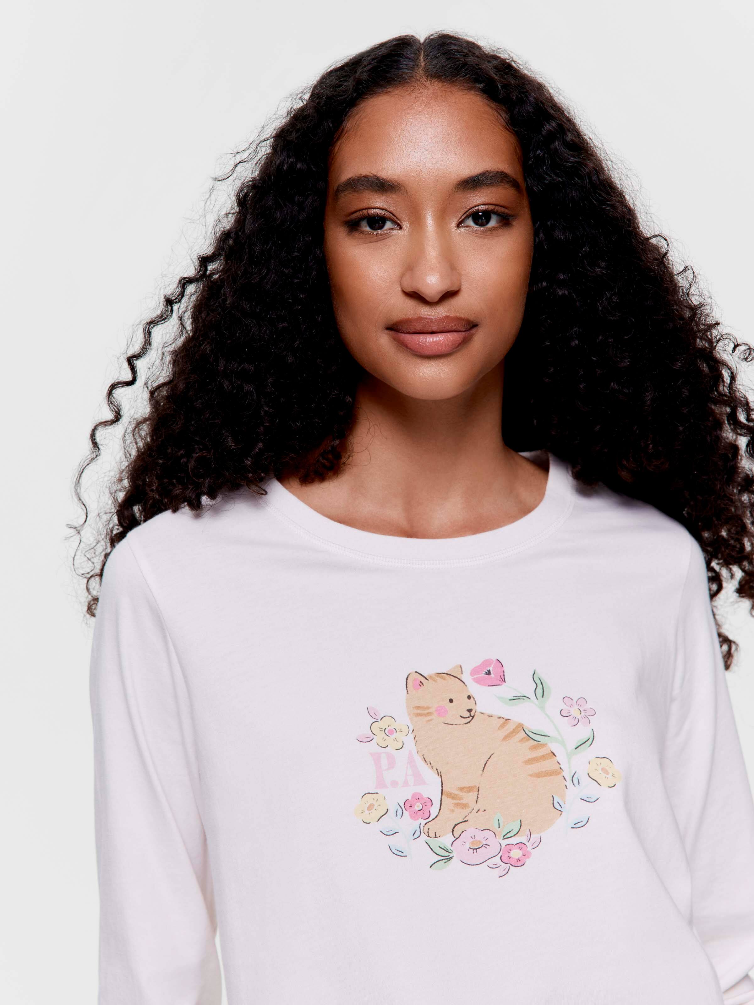 Flower Cat 100% Cotton Long Sleeve Top