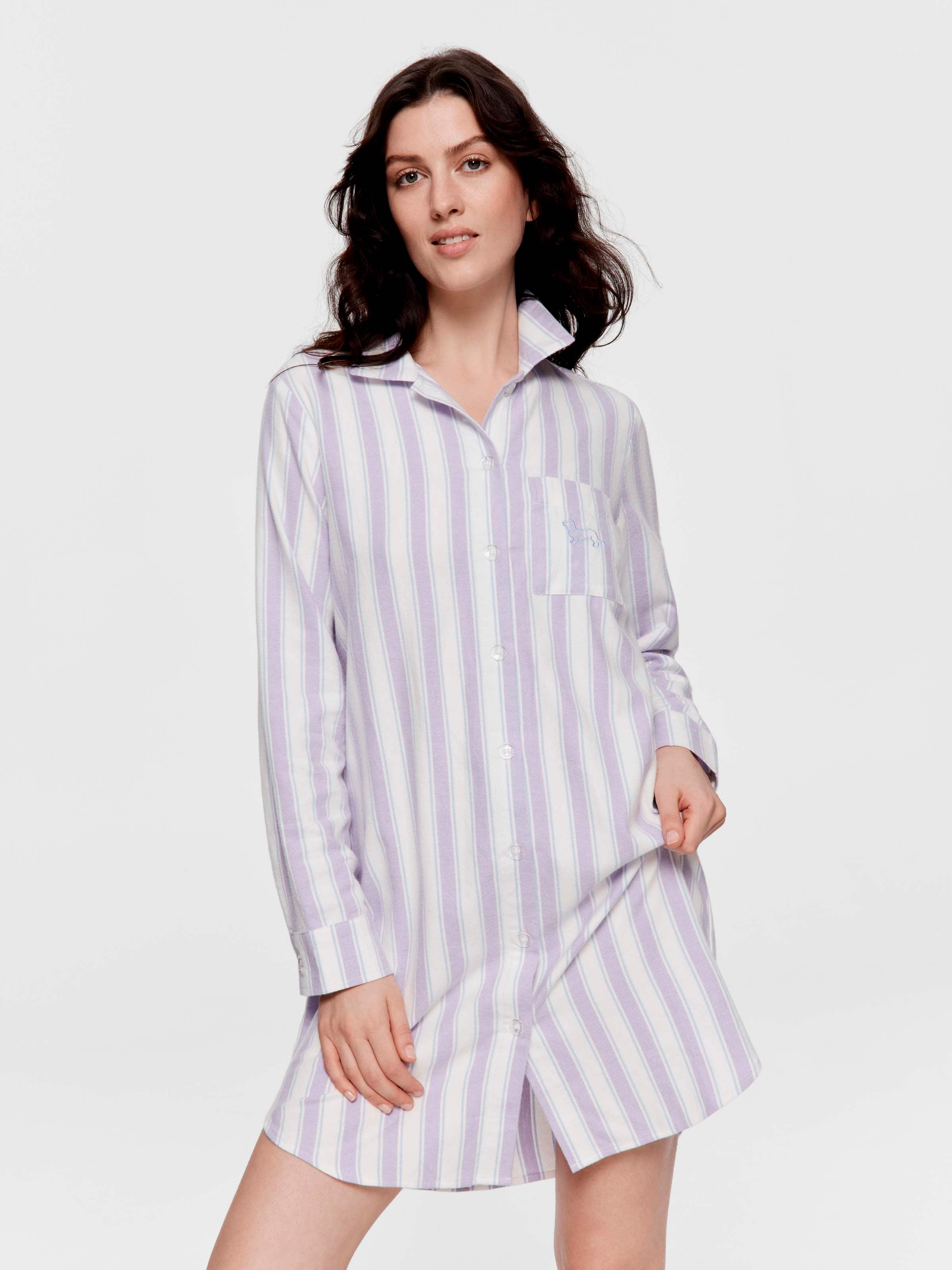 Lilac Stripe 100% Cotton Flannelette Long Sleeve Nightshirt