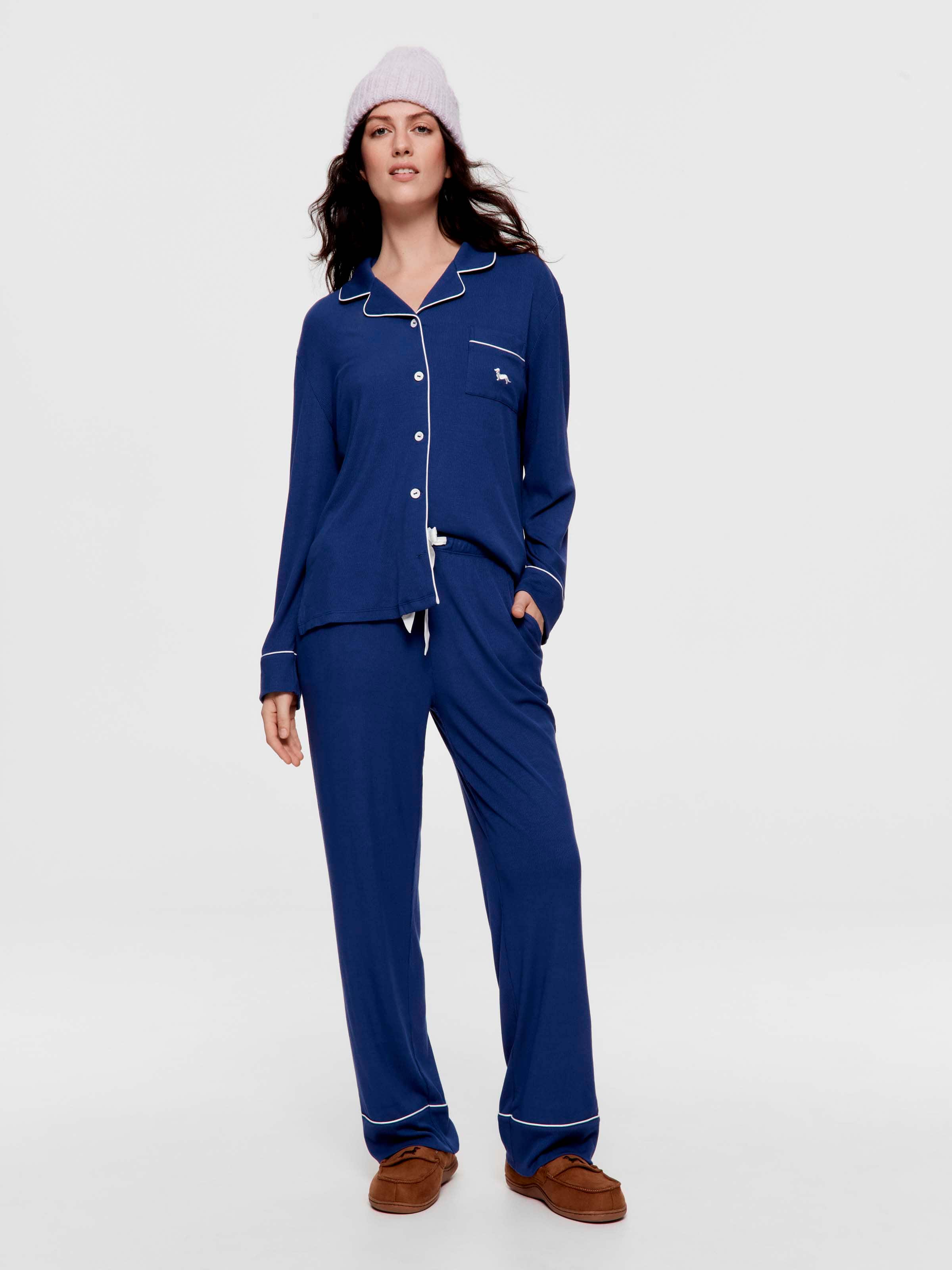 Petrol Blue Bamboo Rib Long Pj Set