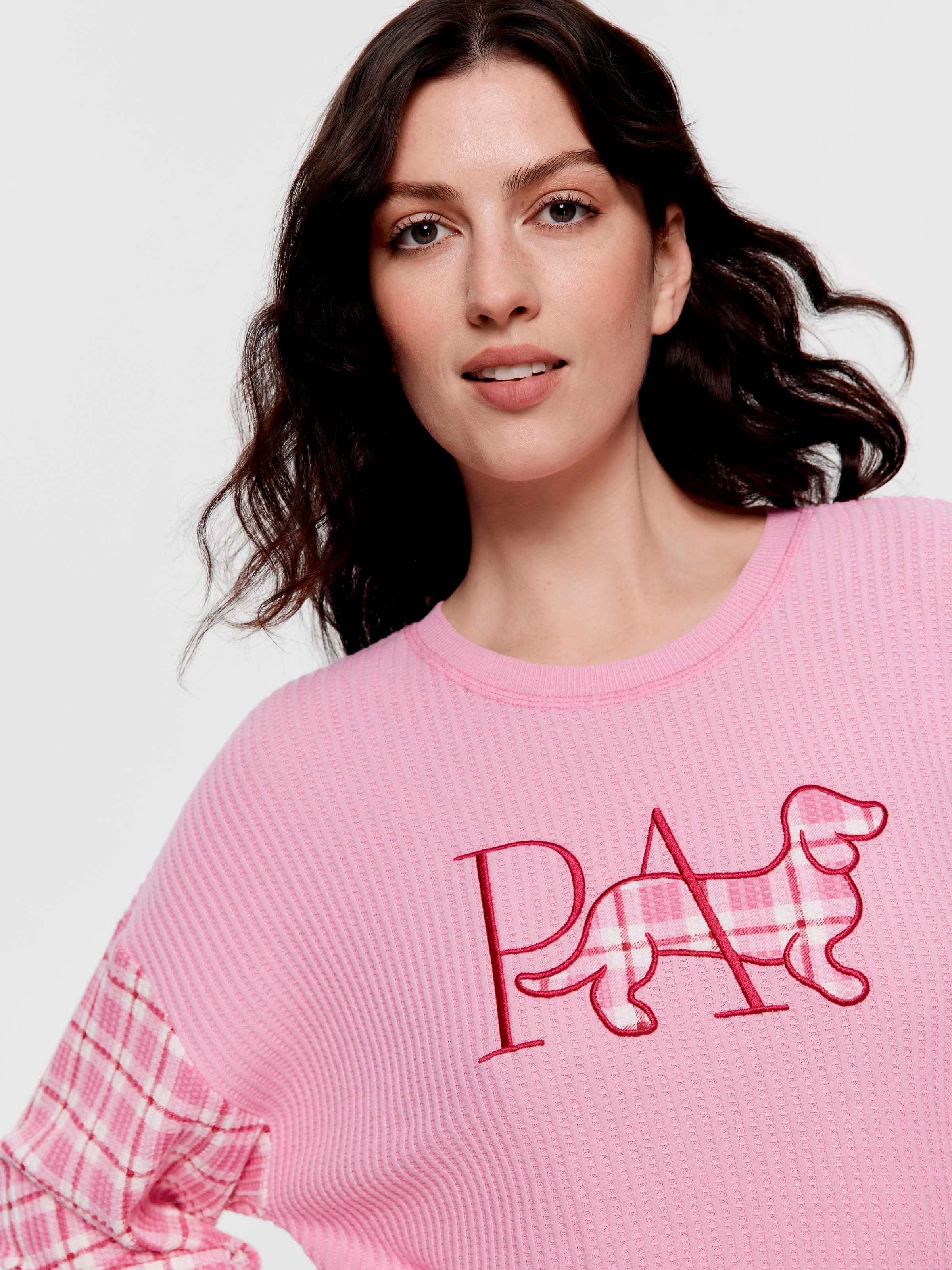 Pink Check Brushed Waffle Oversized Long Sleeve Top