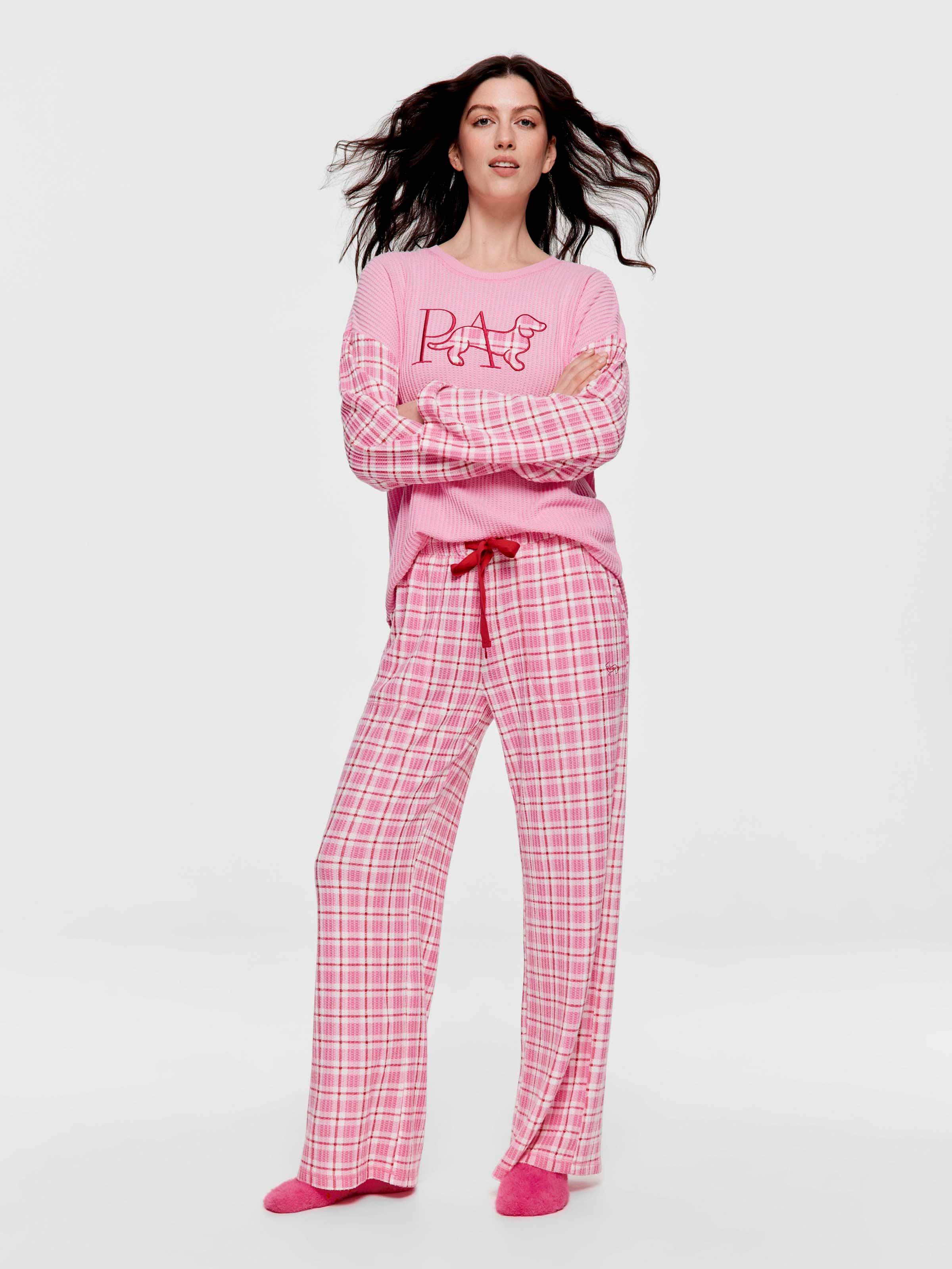 Pink Check Brushed Waffle Wide Leg Pj Pant
