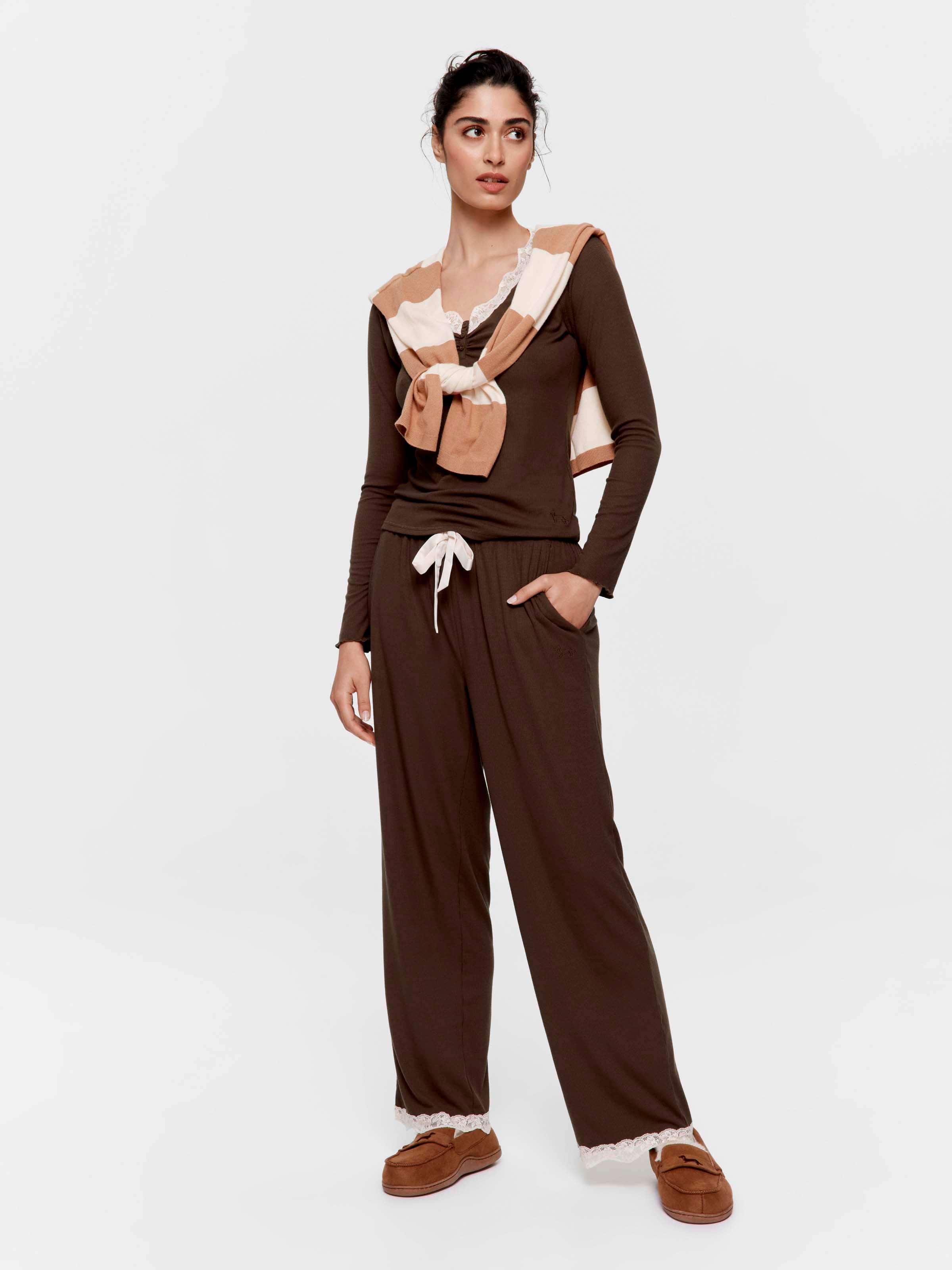 Soft Rib Chocolate Straight Leg Pj Pant