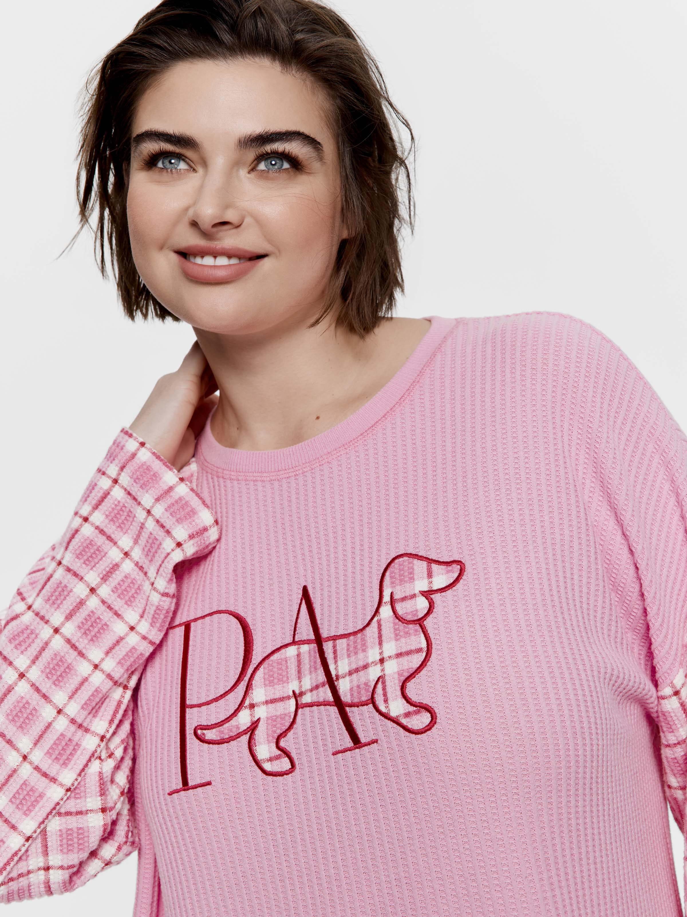 P.A. Plus Pink Check Brushed Waffle Oversized Long Sleeve Top