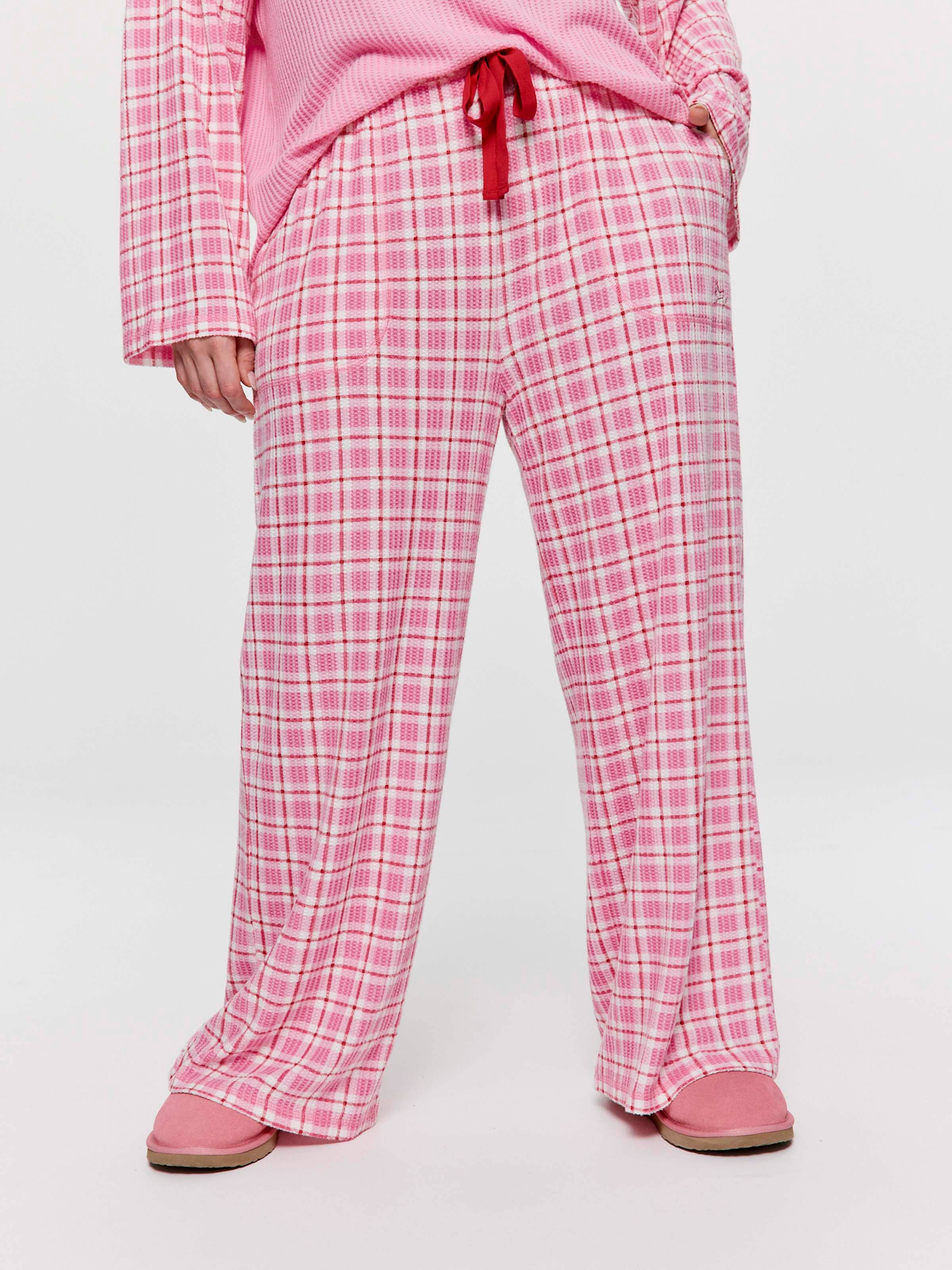 P.A. Plus Pink Check Brushed Waffle Wide Leg Pj Pant