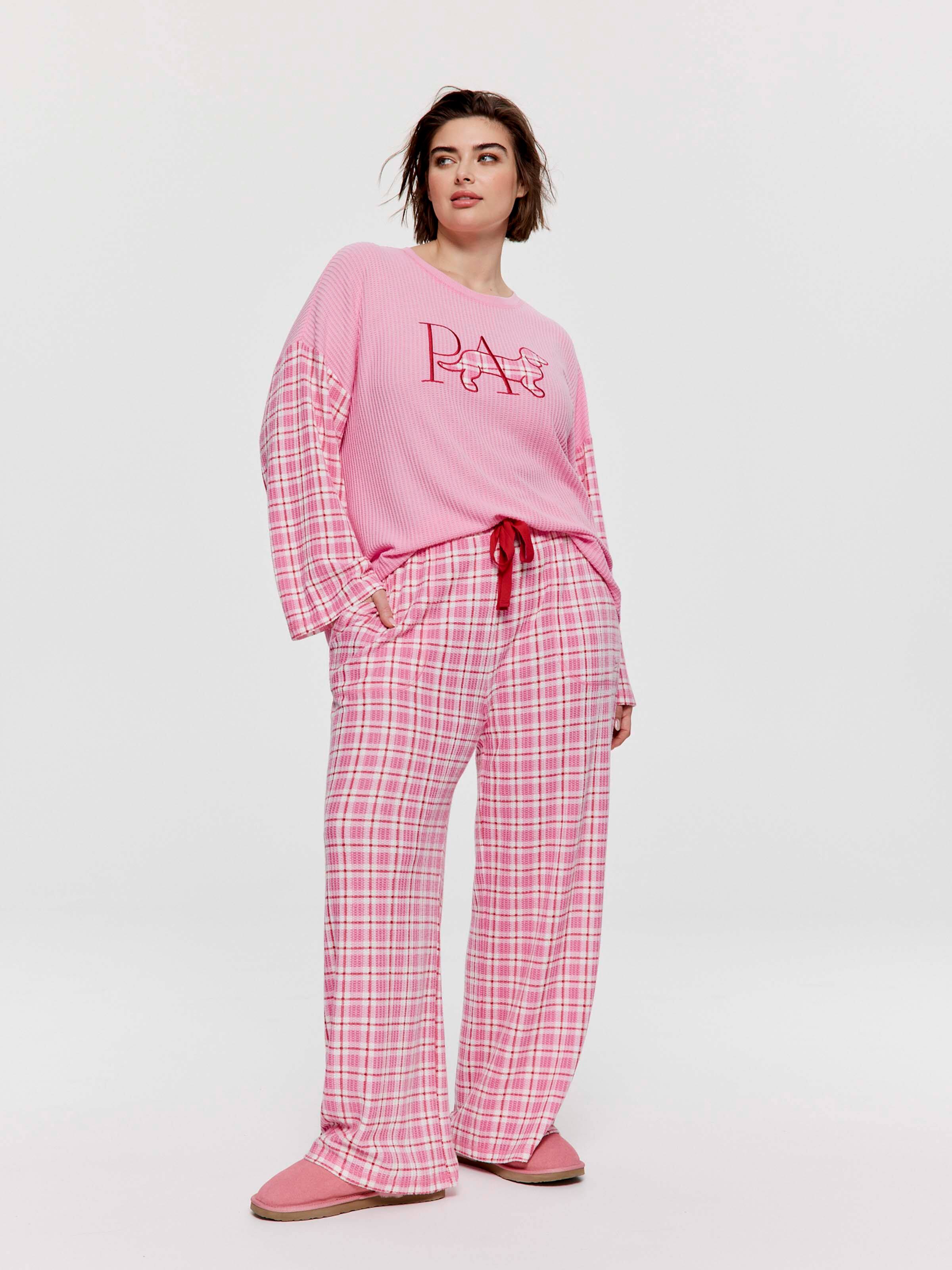 P.A. Plus Pink Check Brushed Waffle Wide Leg Pj Pant