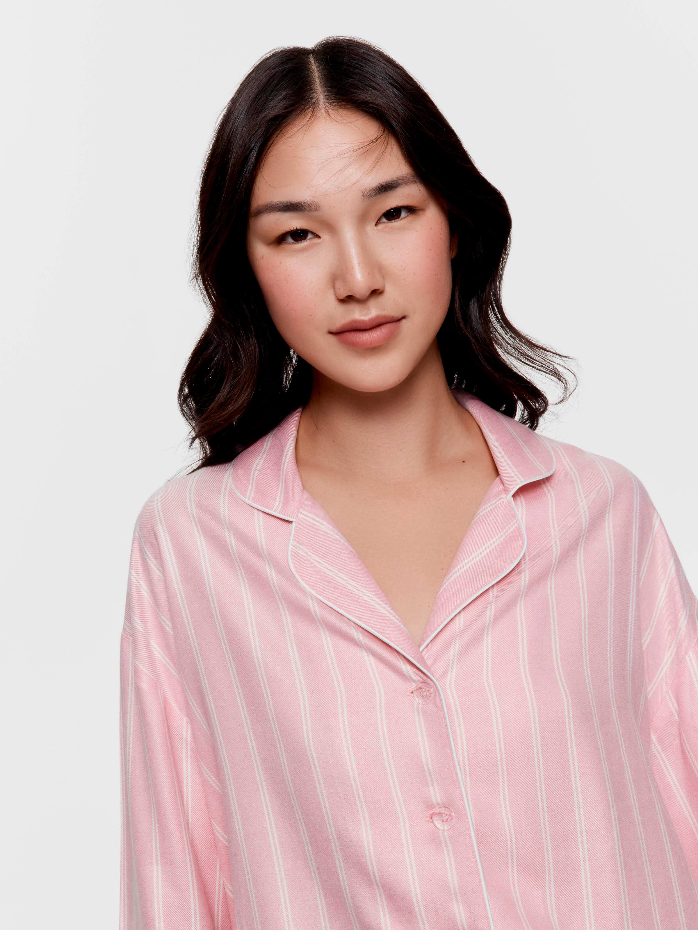 Dusty Pink Stripe Viscose Flannelette Boyfriend Long Sleeve Shirt