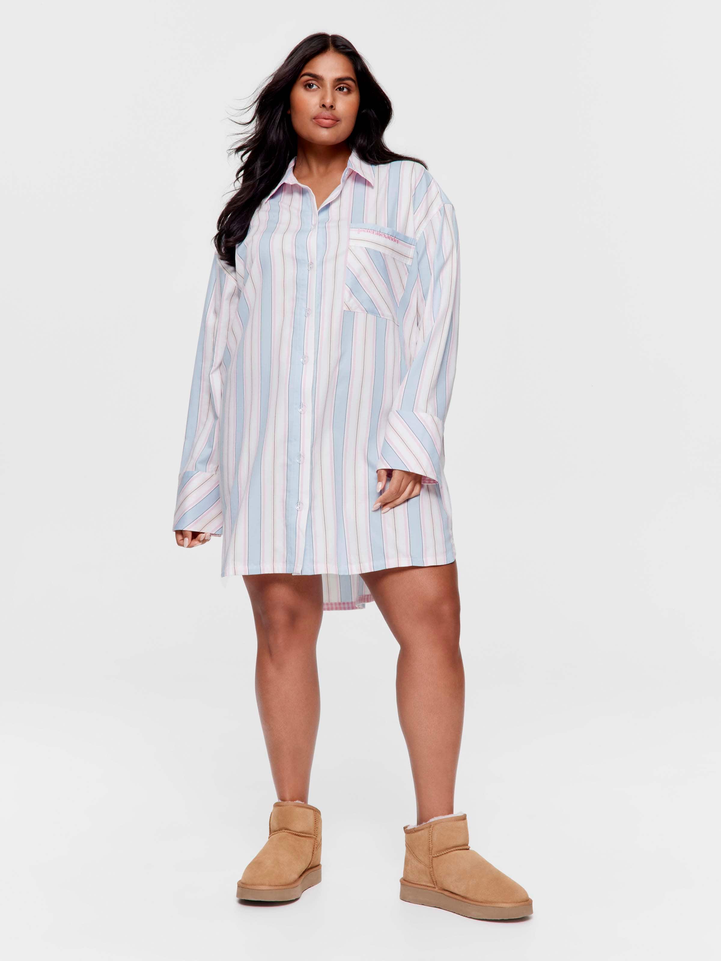 P.A. Plus Matress Stripe 100% Cotton Fashion Long Sleeve Nightshirt
