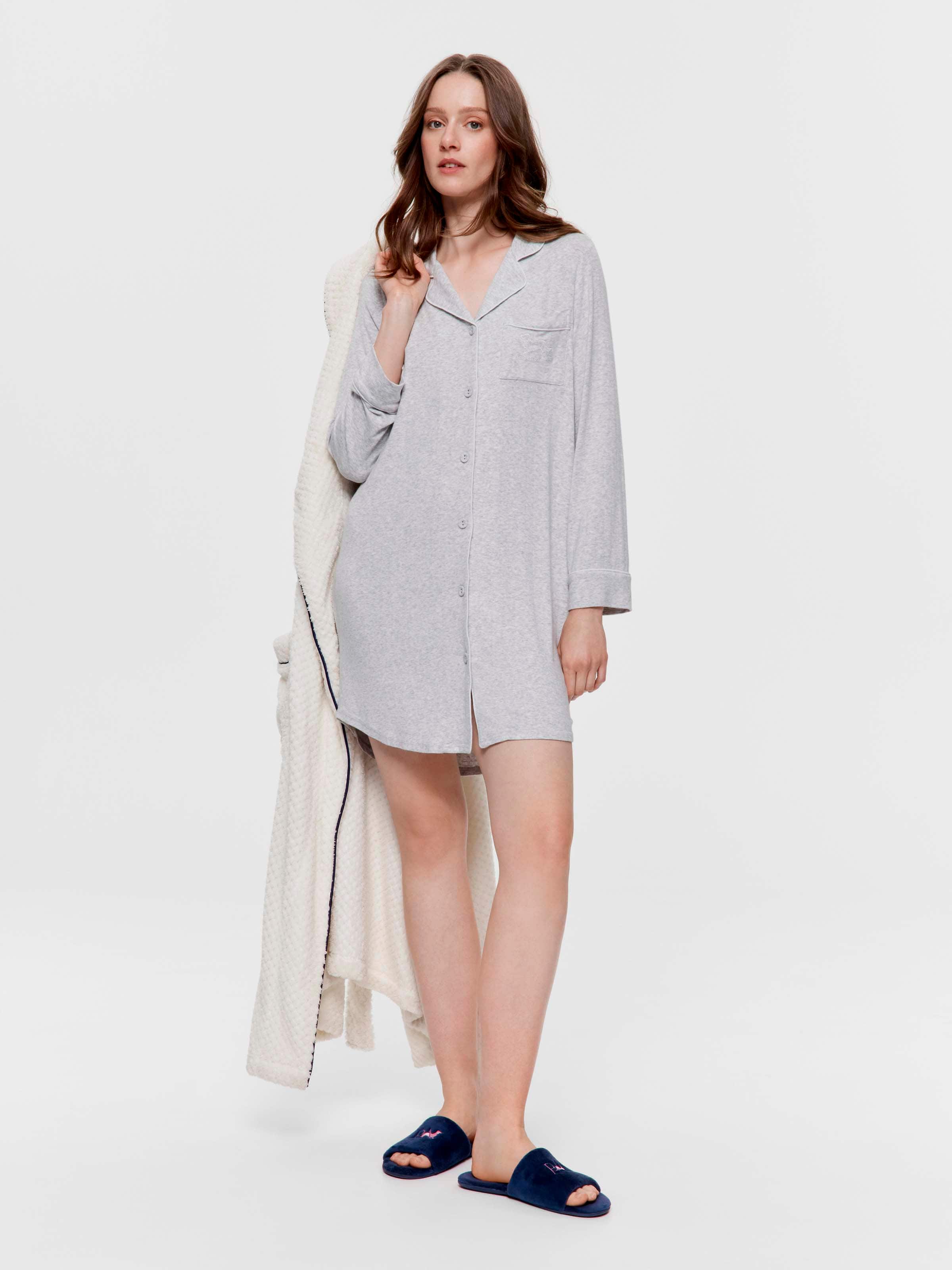 Grey Soft Rib Long Sleeve Nightshirt