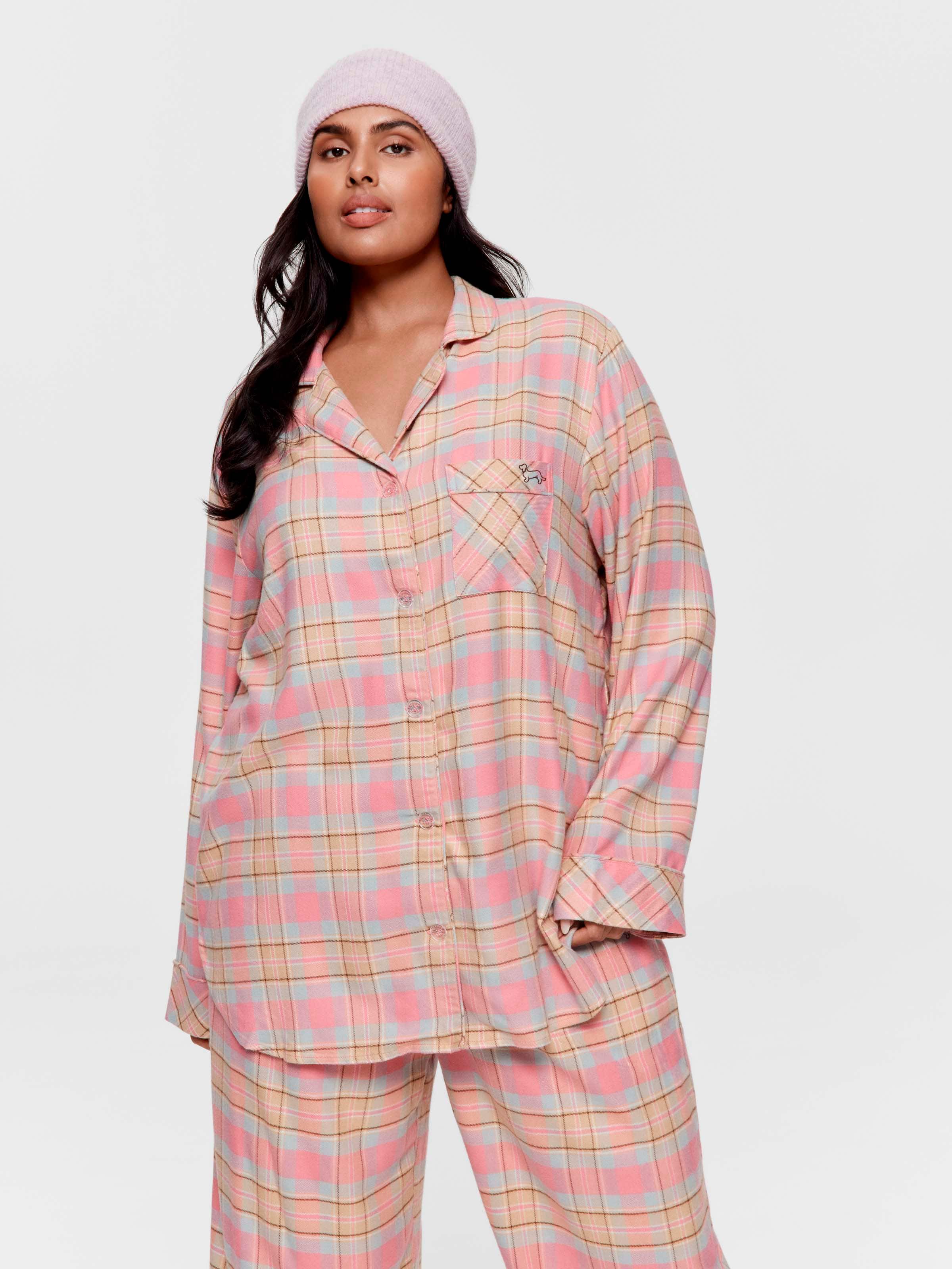 P.A. Plus Pink Caramel Check Viscose Flannelette Long Sleeve Boyfriend Shirt