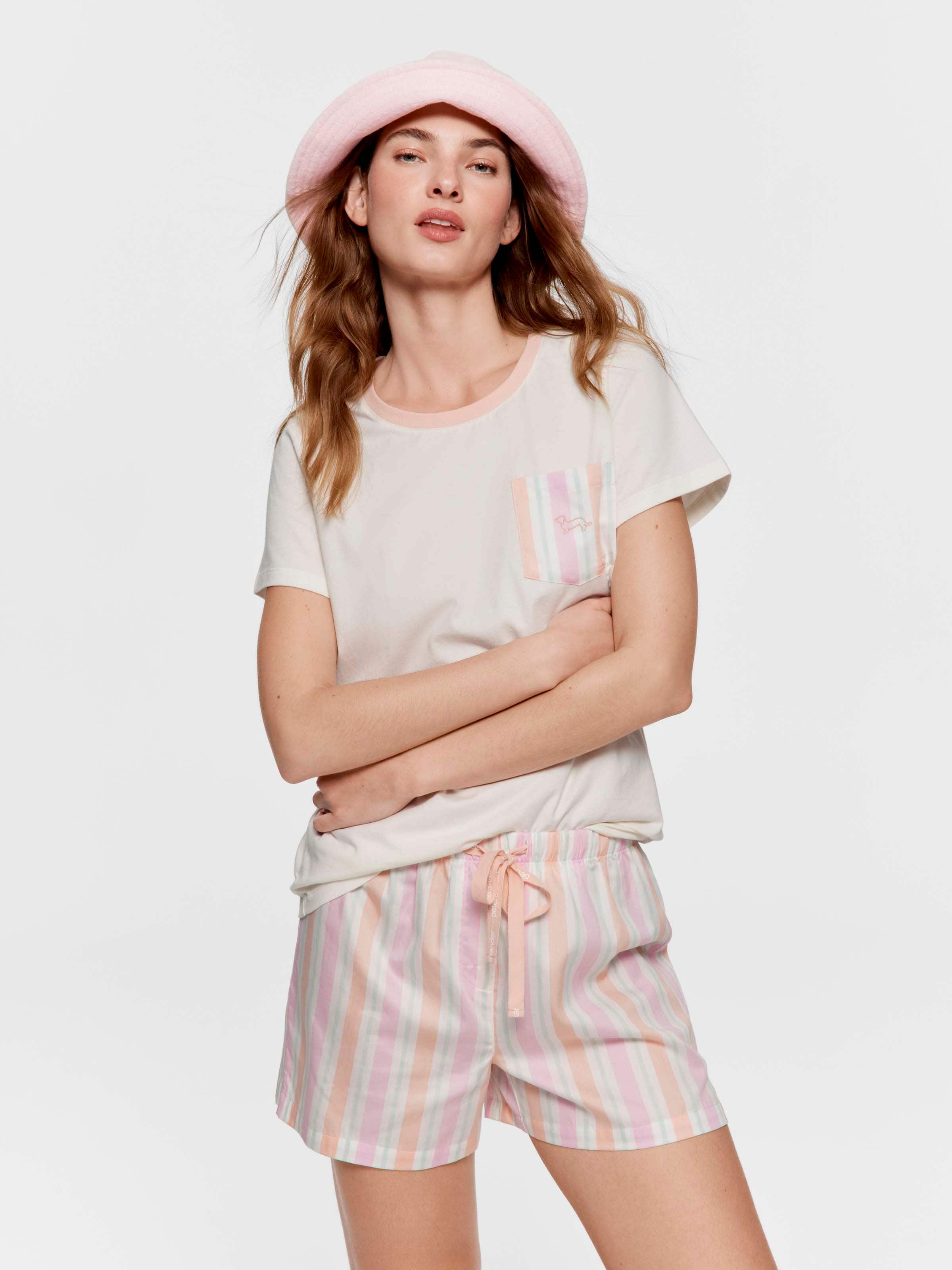 Peach Stripe 100% Cotton Mid Short