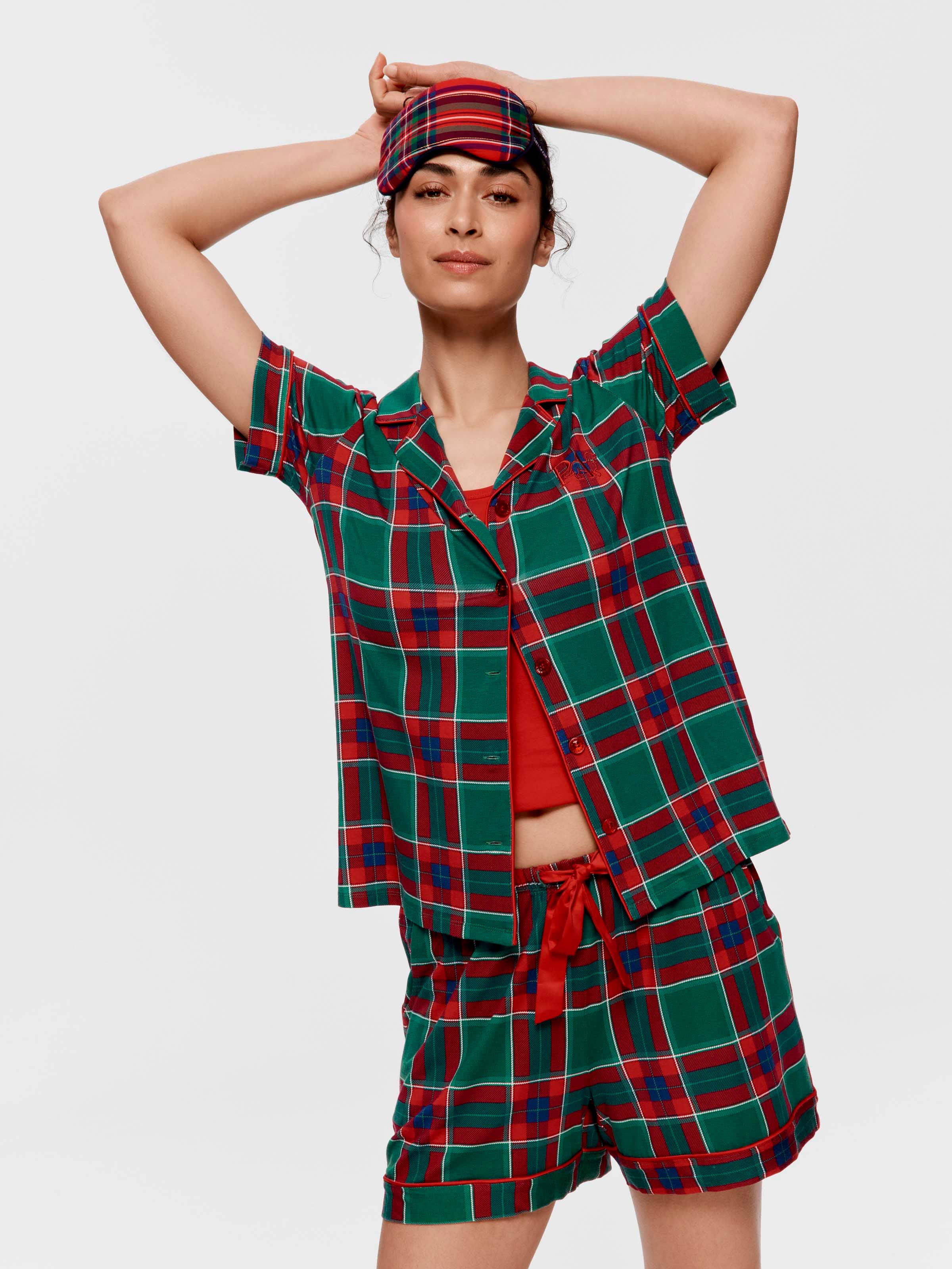 Green Tartan Bamboo Jersey Shortie Pj Set