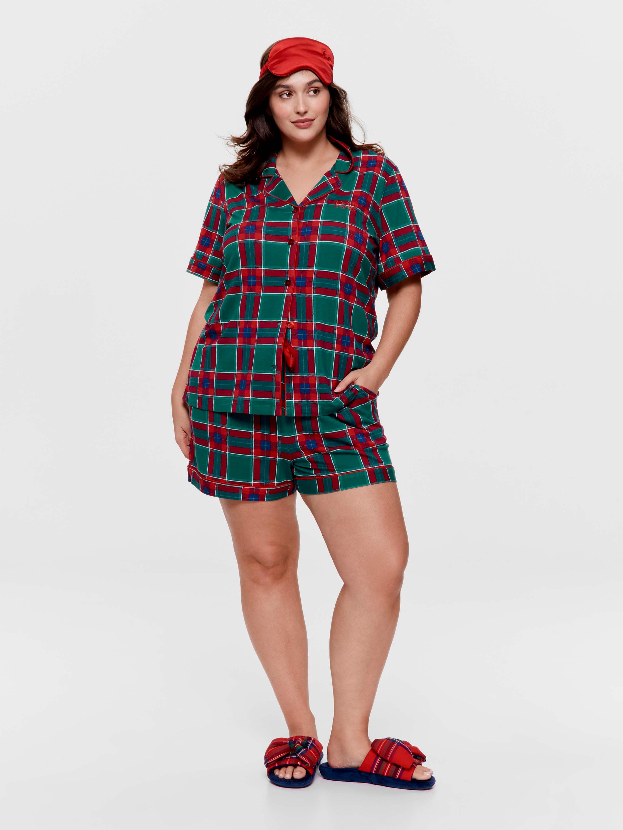 P.A. Plus Green Tartan Bamboo Jersey Shortie Pj Set