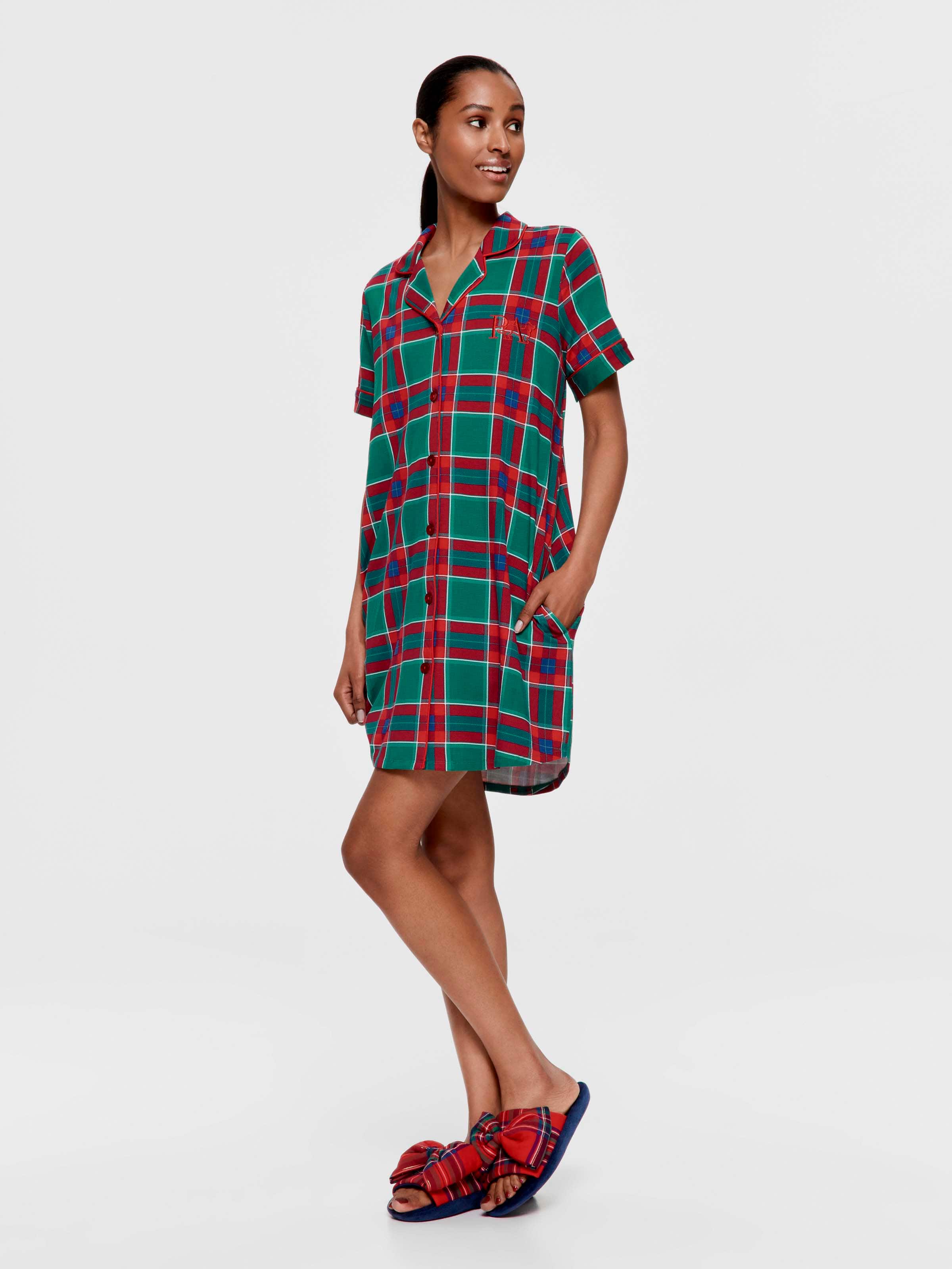 Green Tartan Bamboo Jersey Short Sleeve Nightshirt