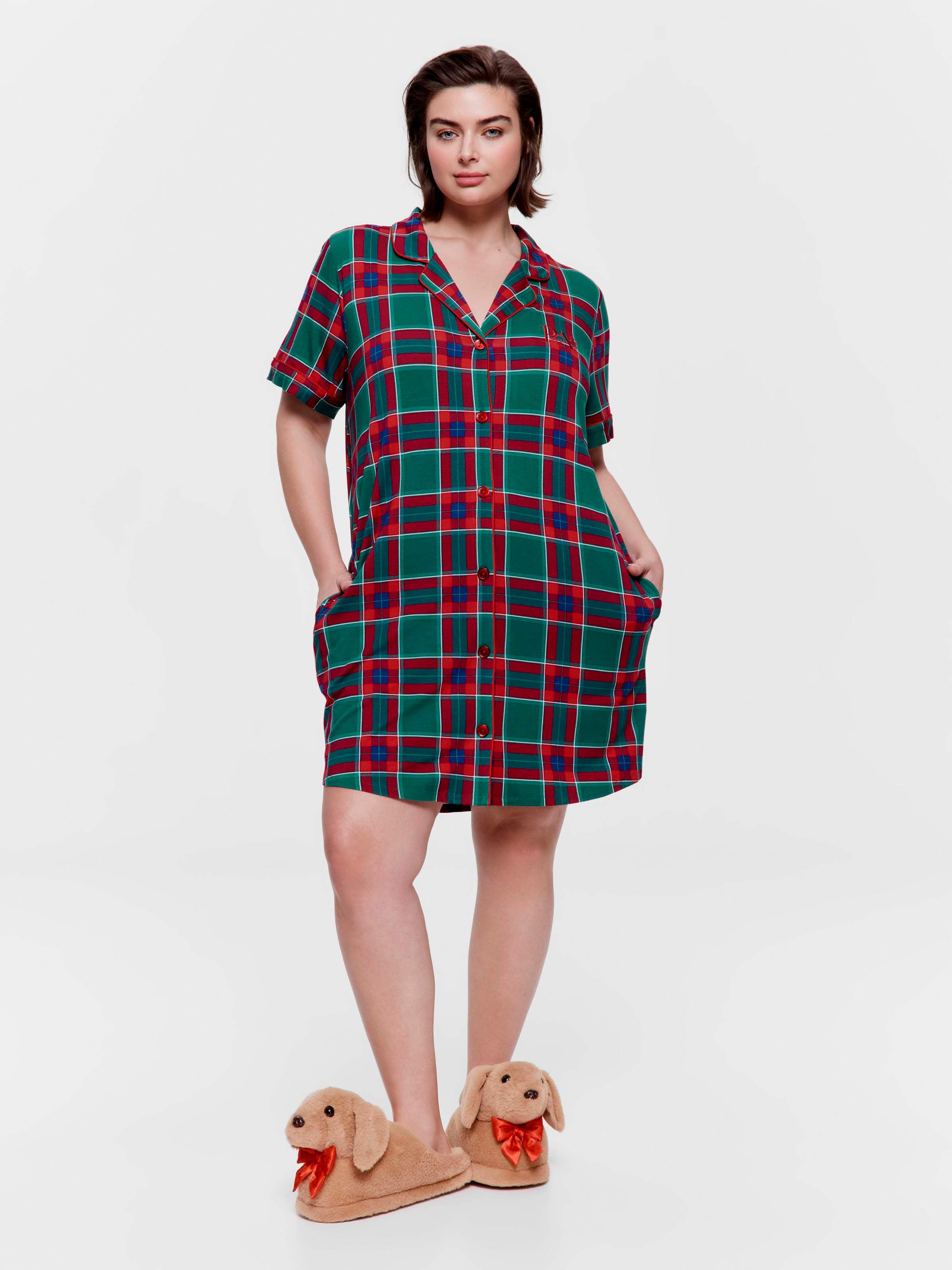 P.A. Plus Green Tartan Bamboo Jersey Short Sleeve Nightshirt