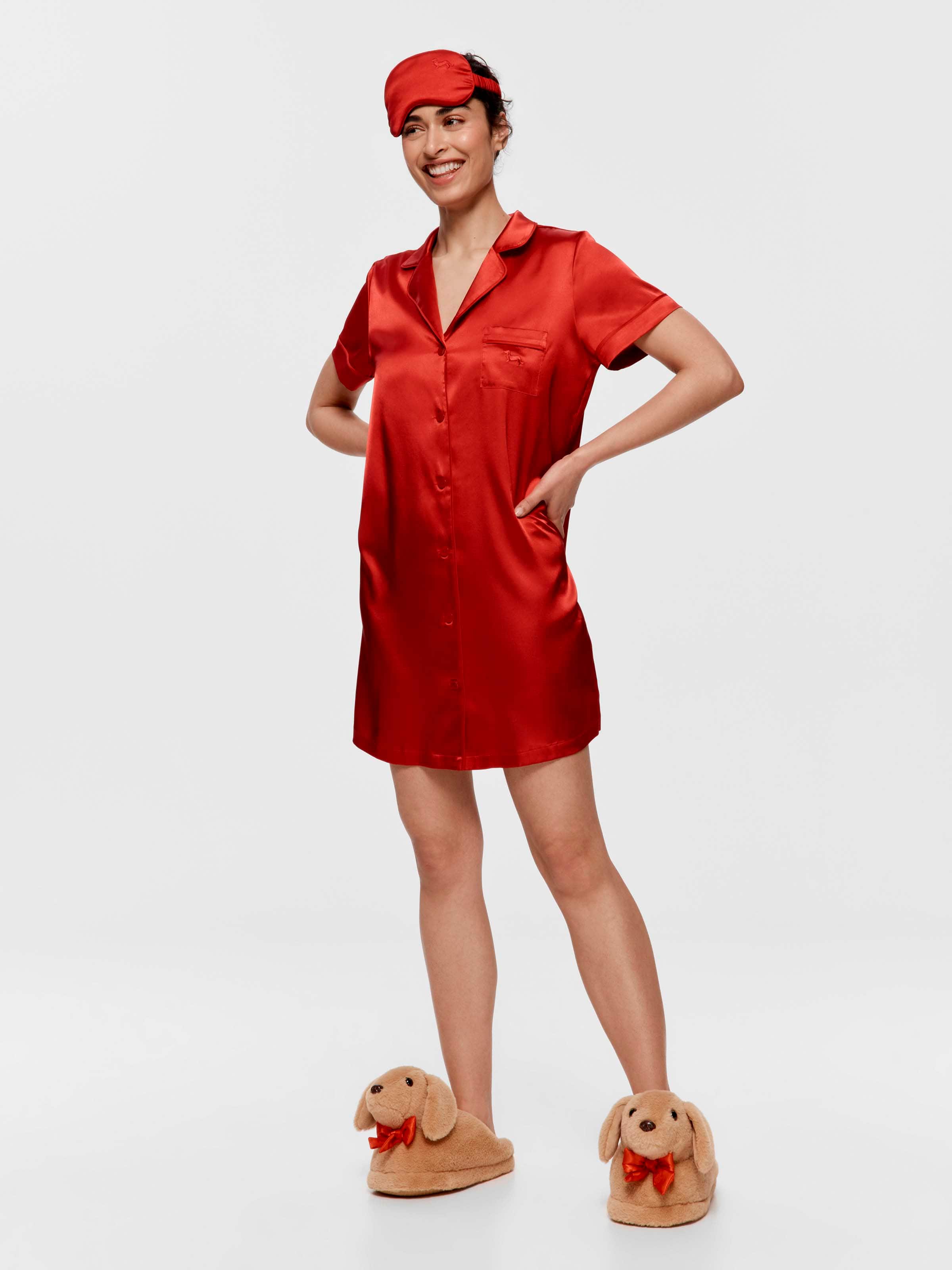 Red Chic Satin Short Sleeve Nightshirt