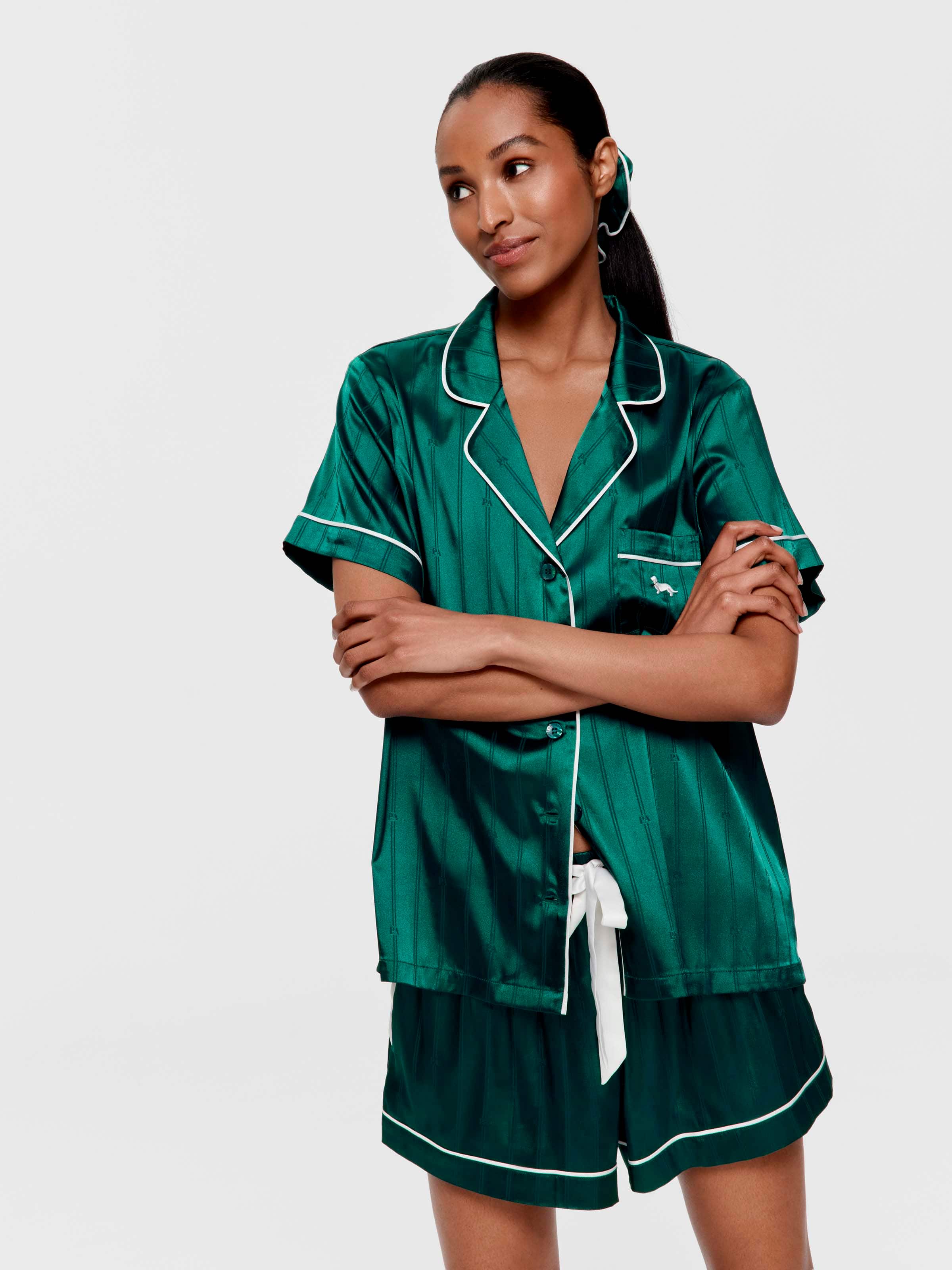 Green Stripe Chic Satin Boxed Shortie Pj Set