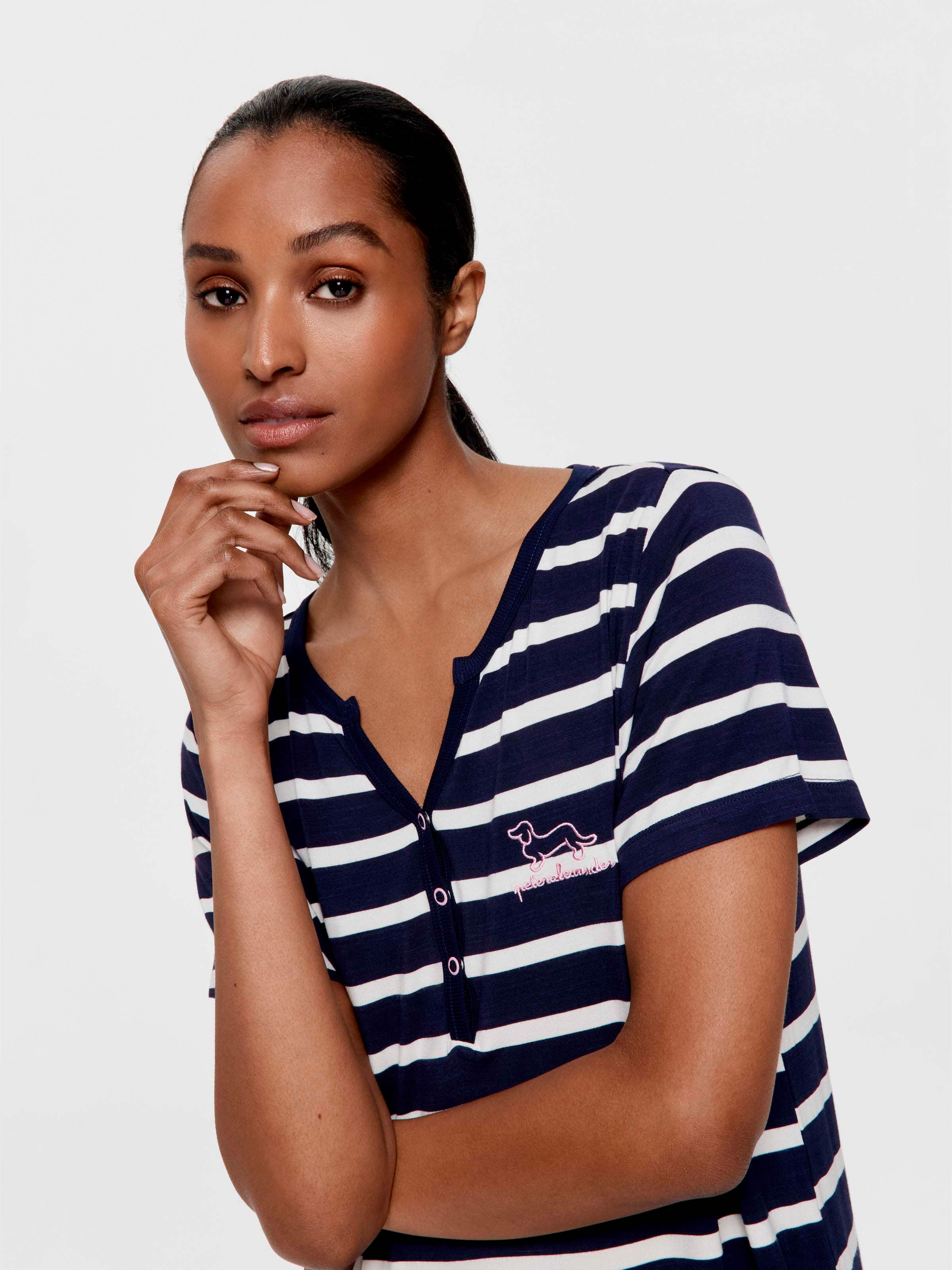 Navy Stripe Bamboo Jersey Henley Short Sleeve Nightie