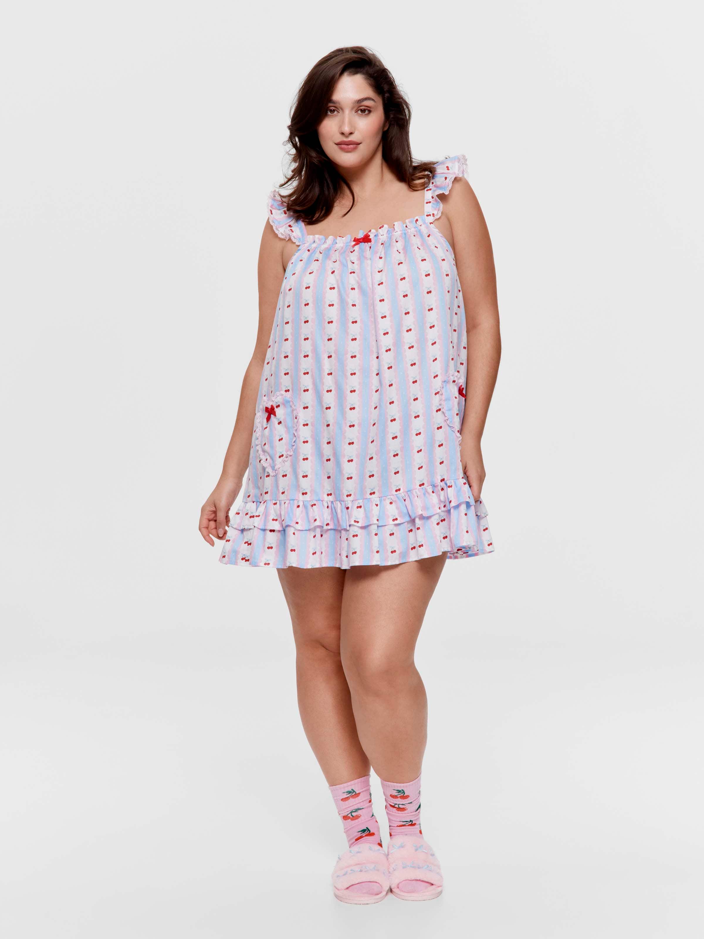 P.A. Plus Cherry Stripe Frill 100% Soft Cotton Fashion Nightie