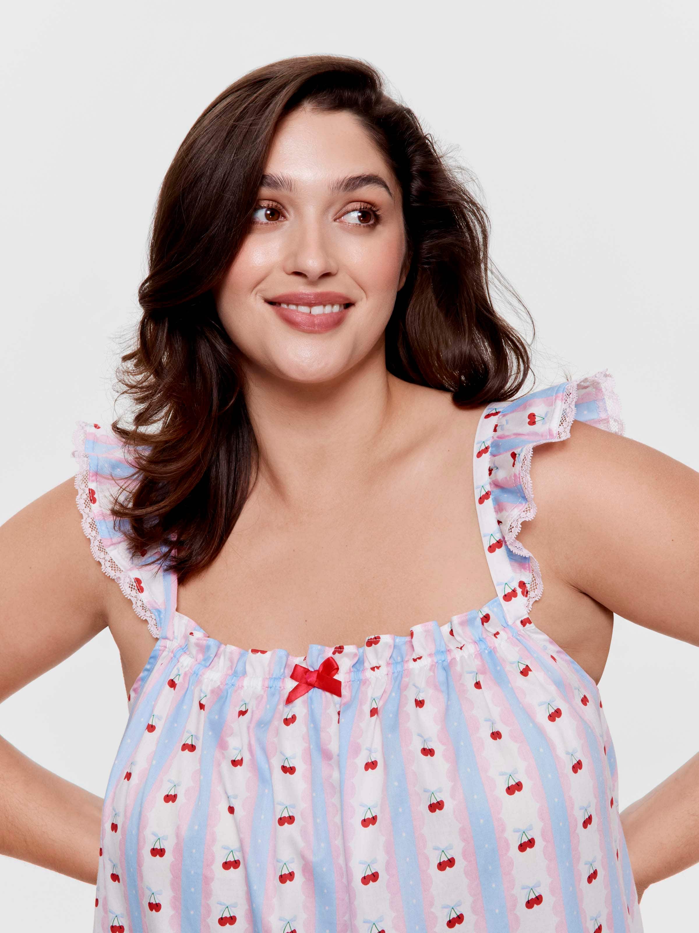 P.A. Plus Cherry Stripe Frill 100% Soft Cotton Fashion Nightie