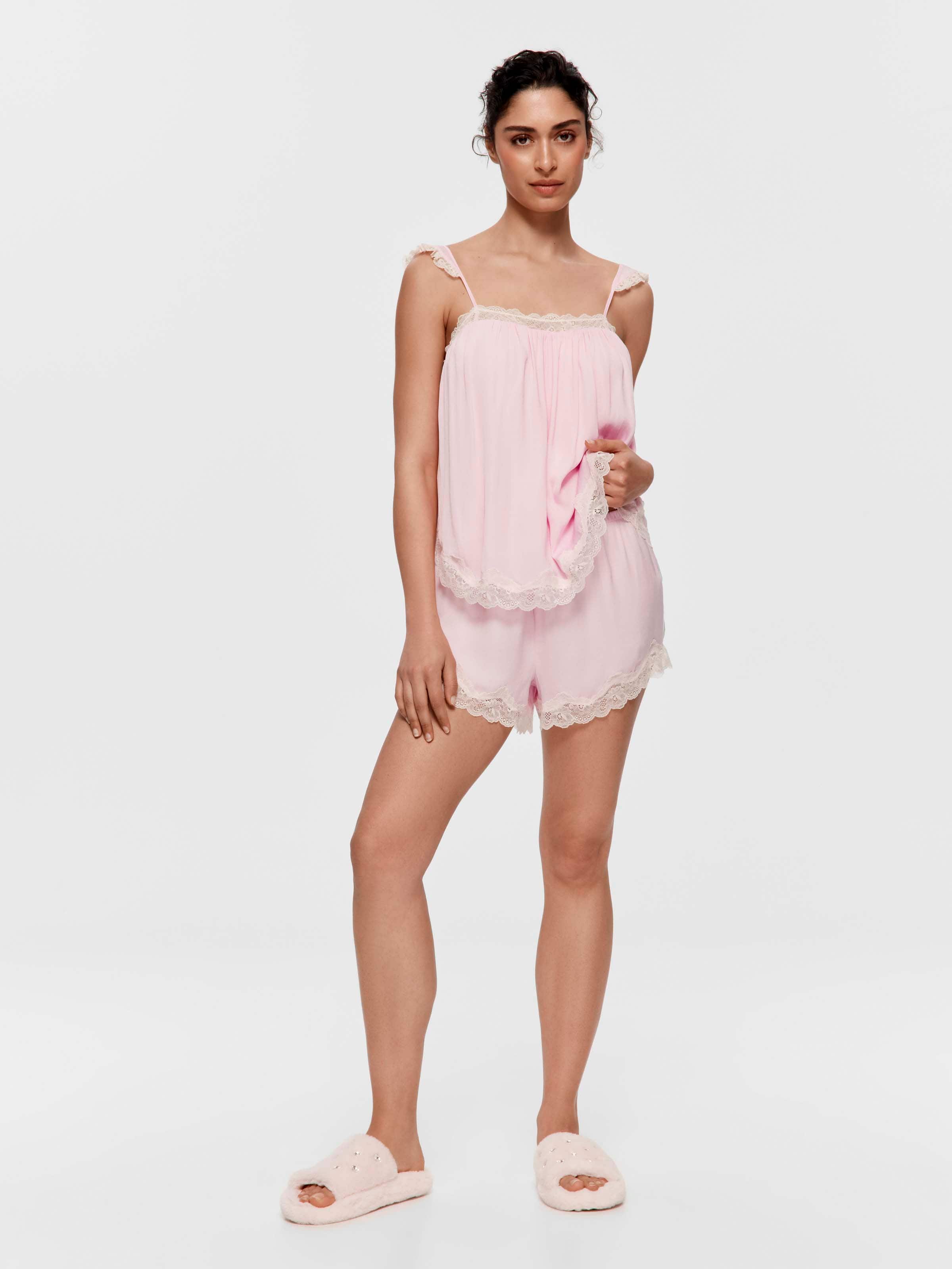 Pink Lace Trim Cami Shortie Pj Set
