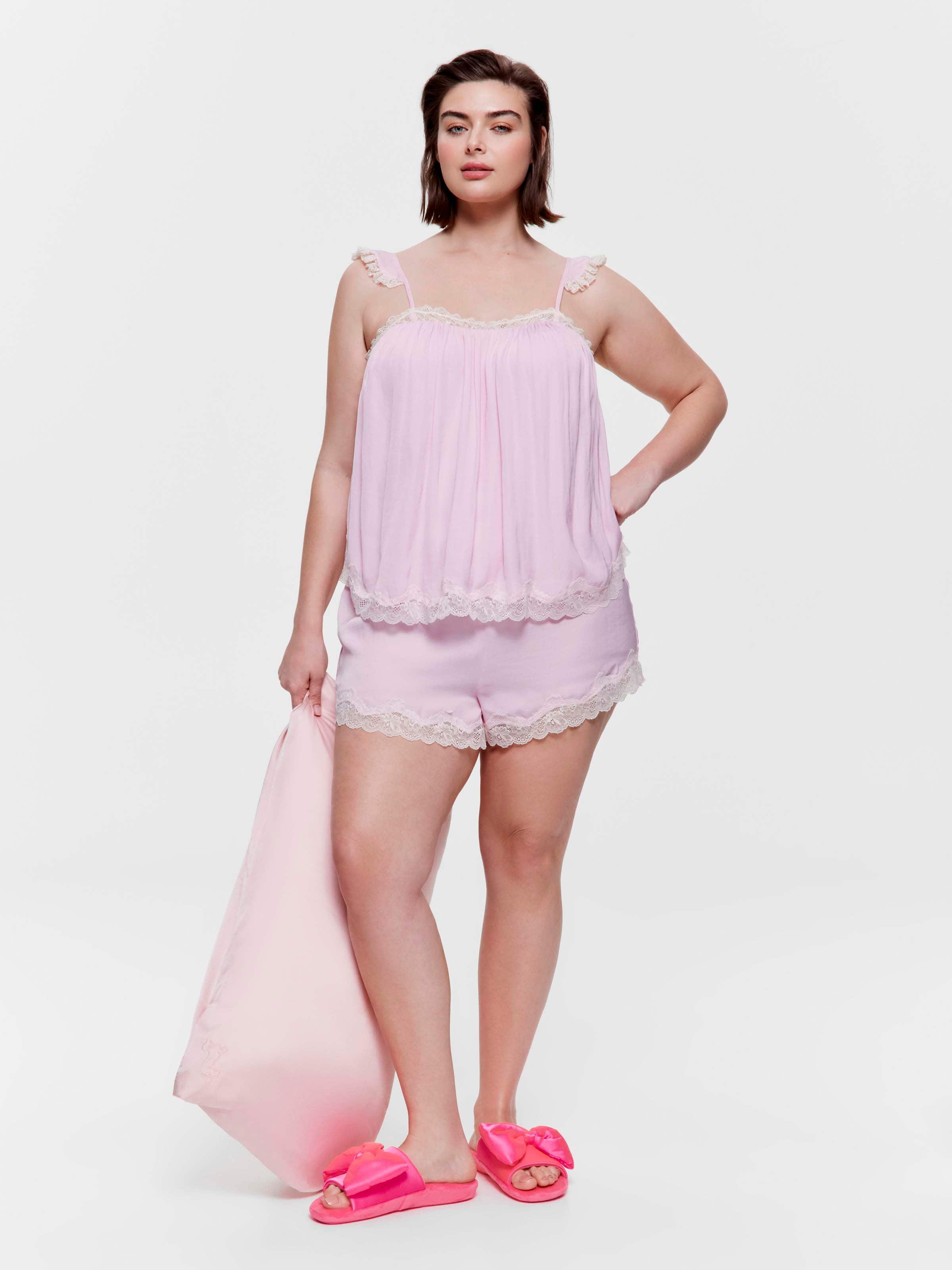 P.A. Plus Pink Lace Trim Cami Shortie Pj Set