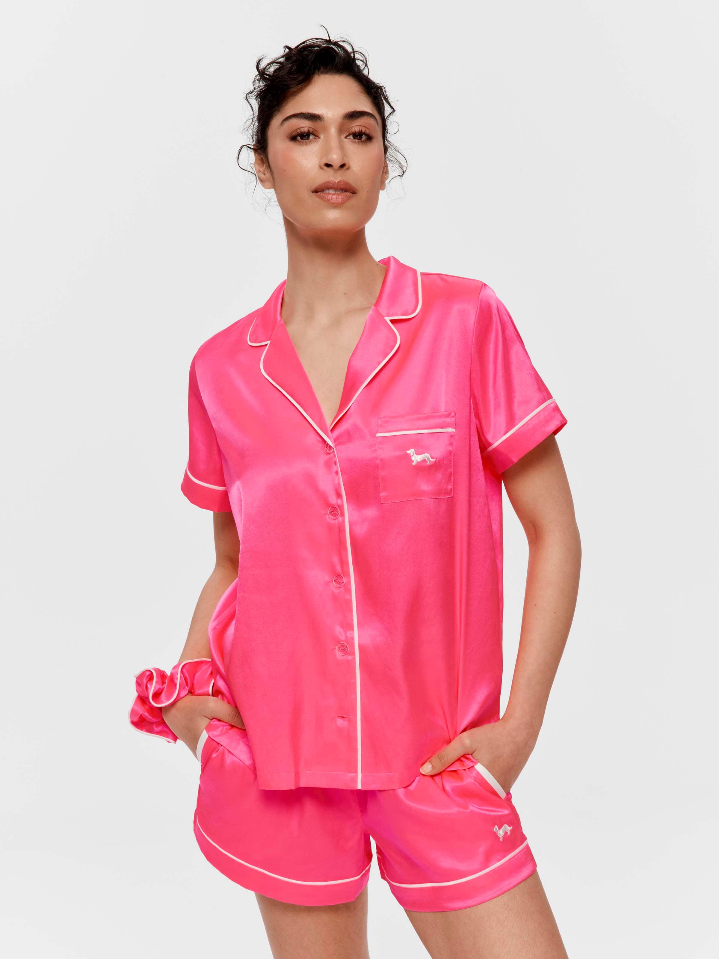 Fluro Pink Chic Satin Short Sleeve Shirt