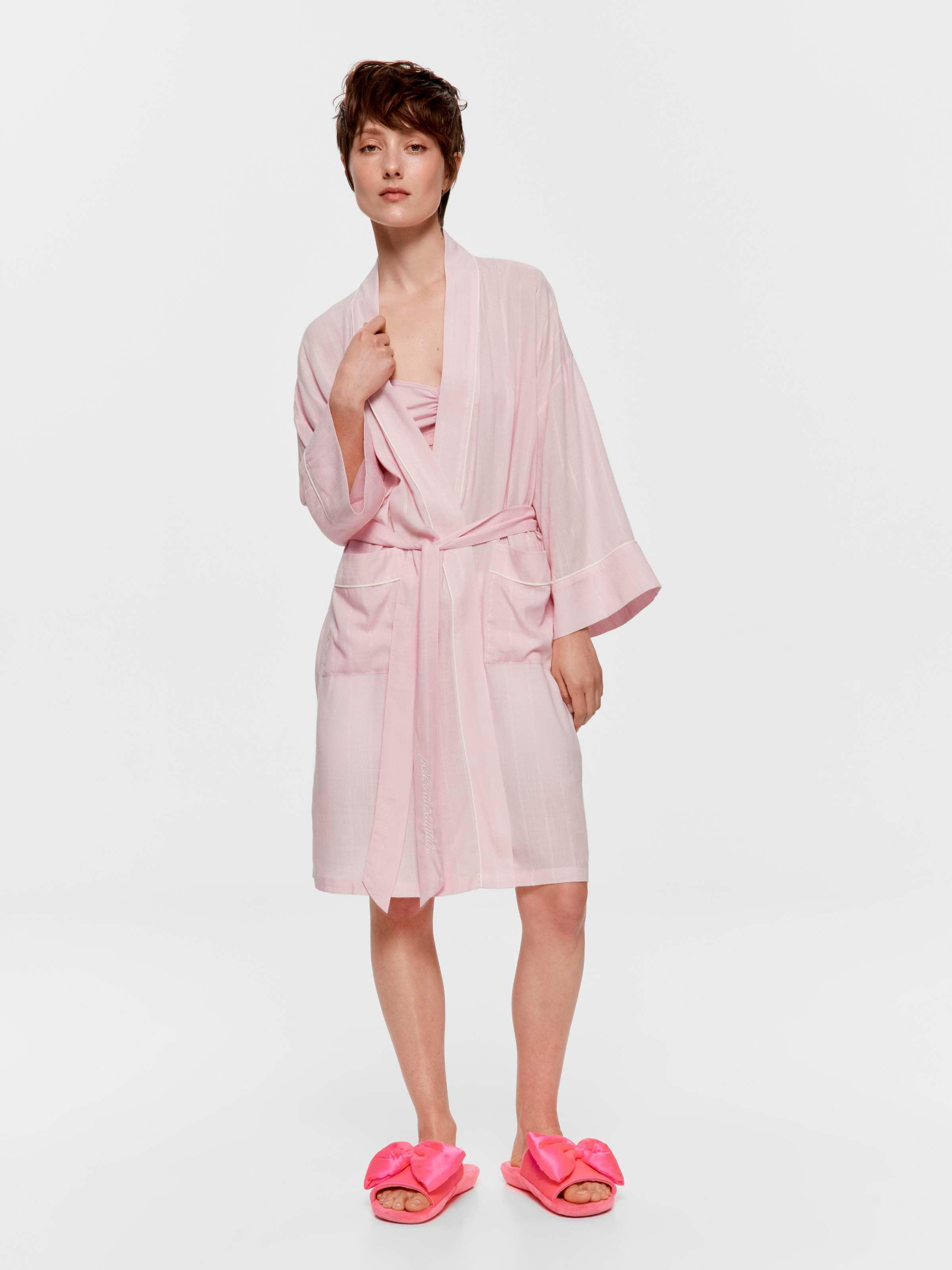Pink Textured Stripe Kimono Gown