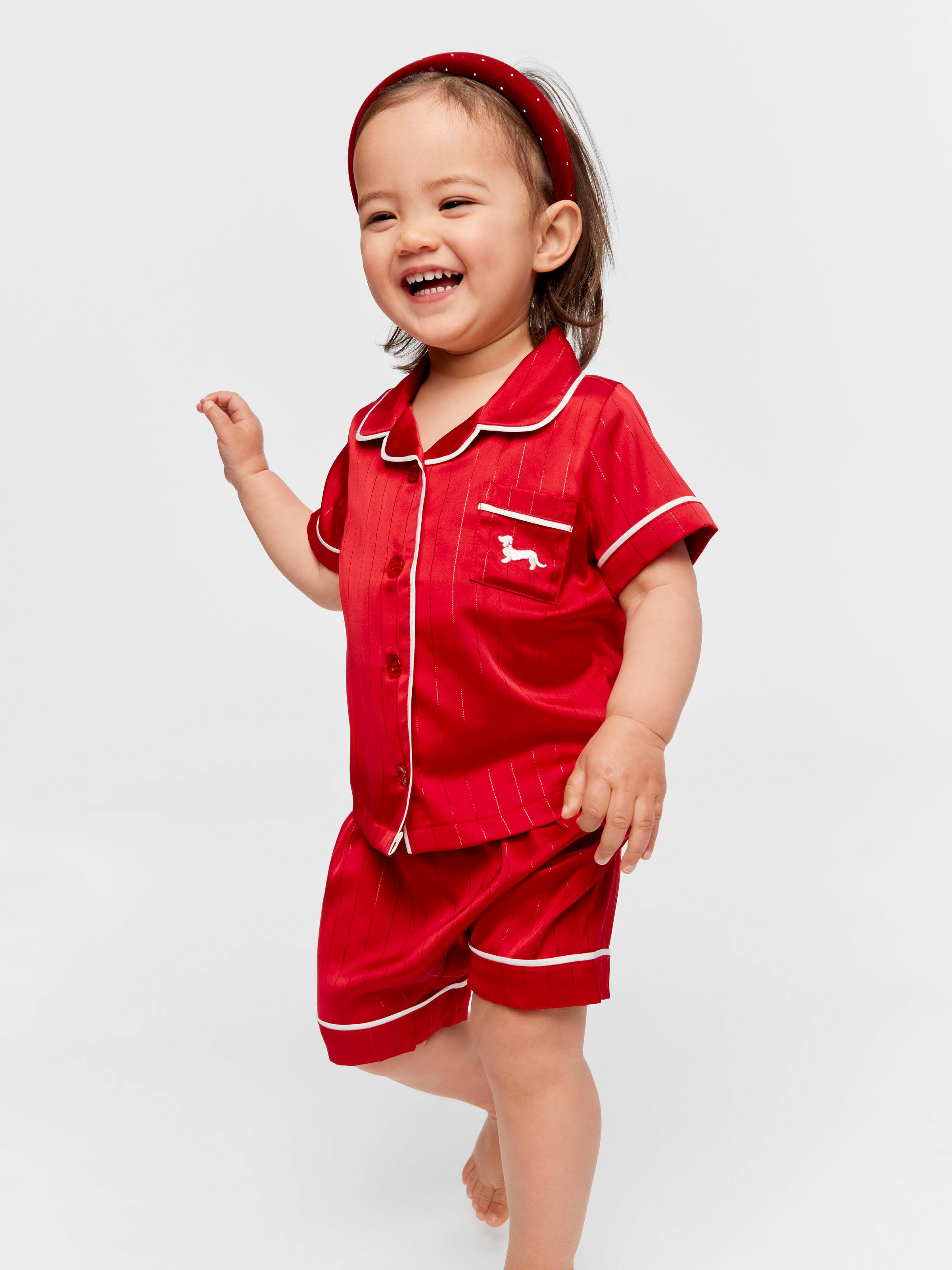 Baby Red Lurex Satin Classic Short Pj Set