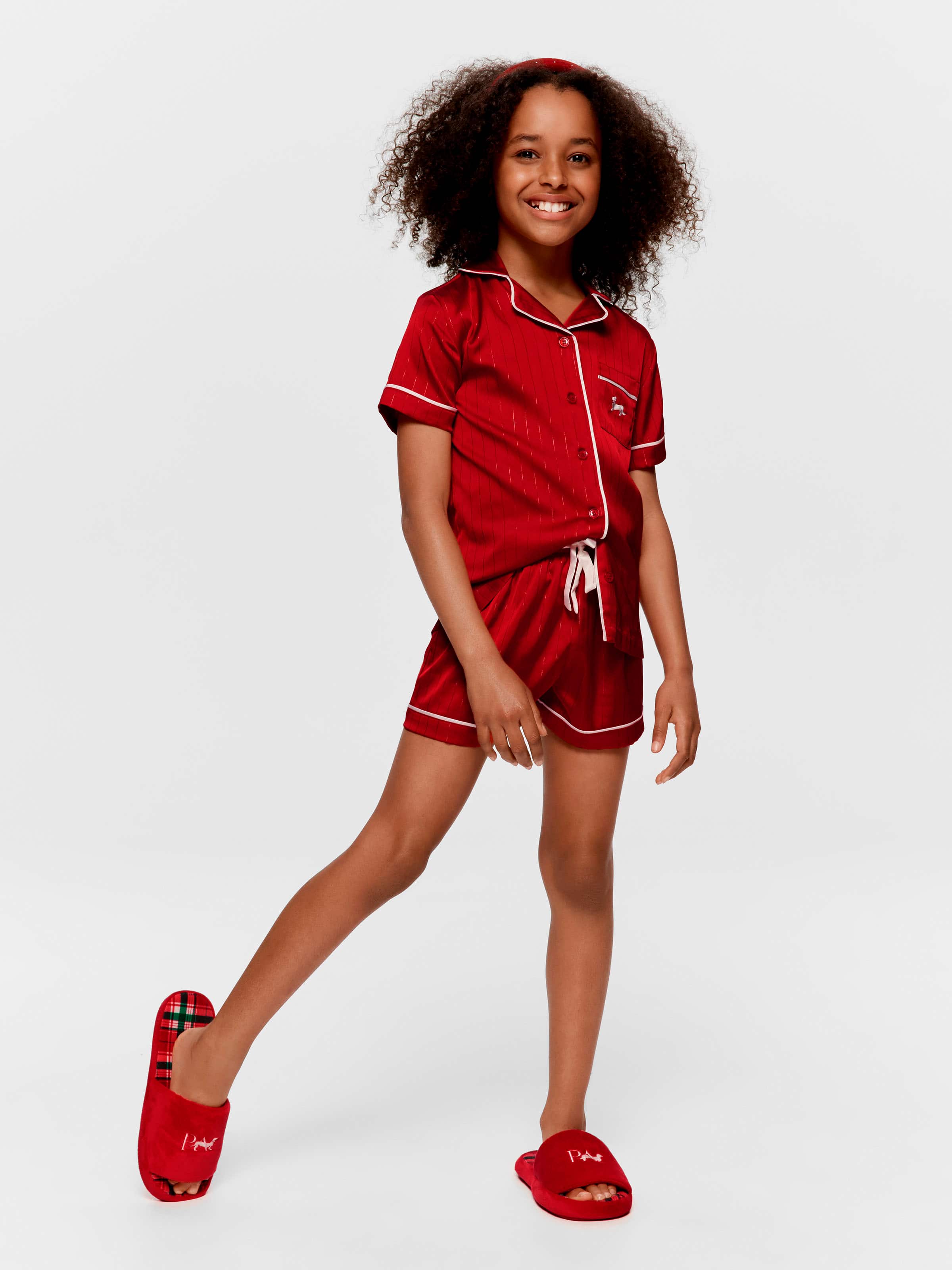 Kids Red Lurex Satin Classic Short Pj Set