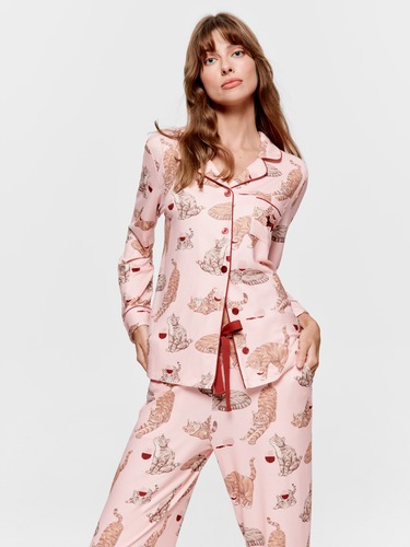 Wine And Cats Plush Long Pj Set                                                                                                 